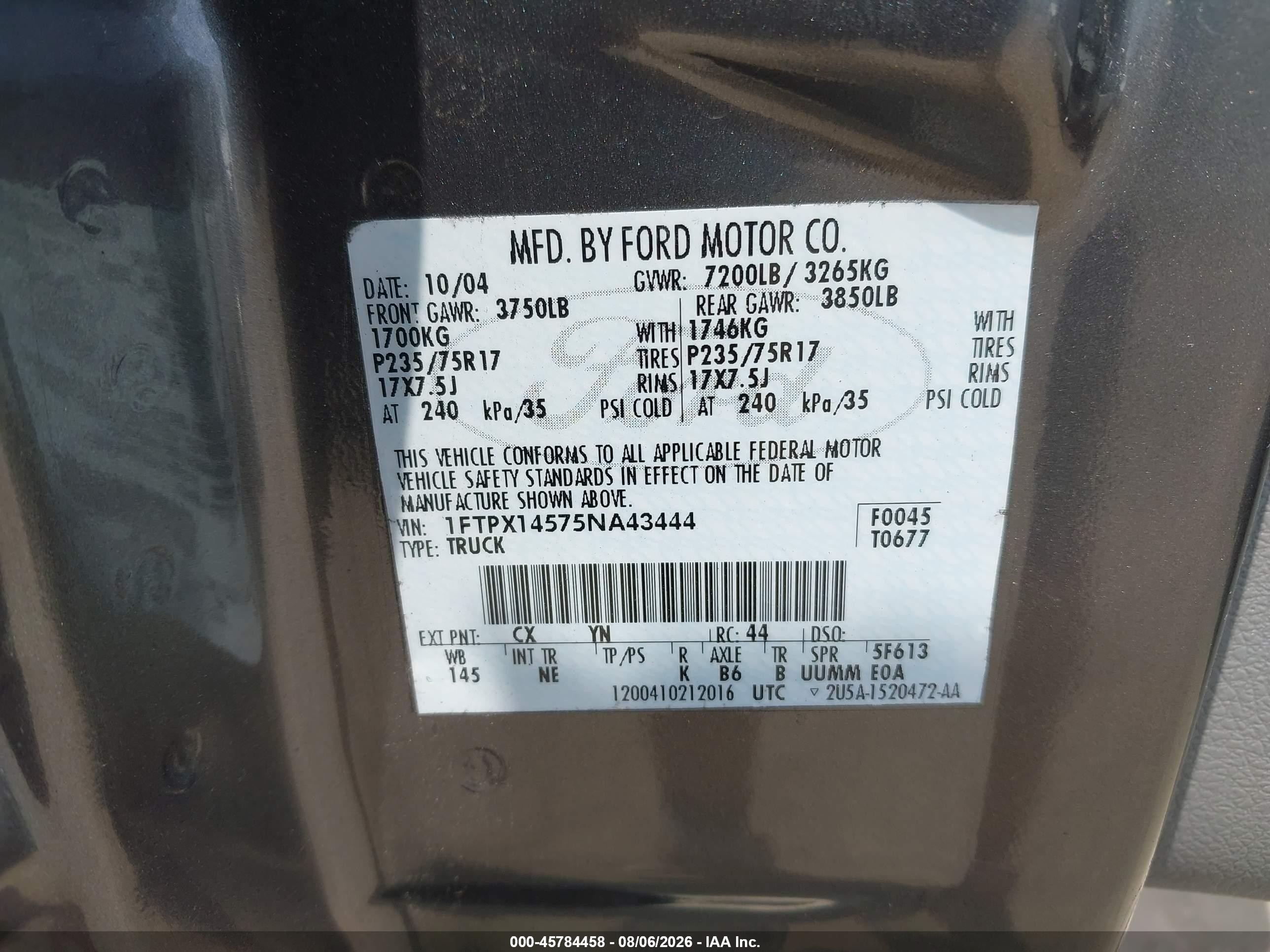 2005 Ford F-150 Fx4/lariat/xl/xlt Gray vin: 1FTPX14575NA43444