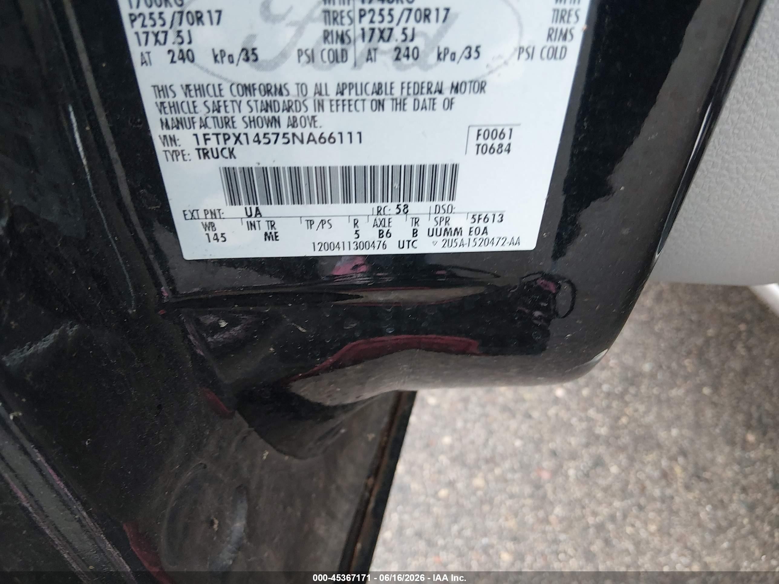 2005 Ford F-150 Fx4/lariat/xl/xlt Black vin: 1FTPX14575NA66111