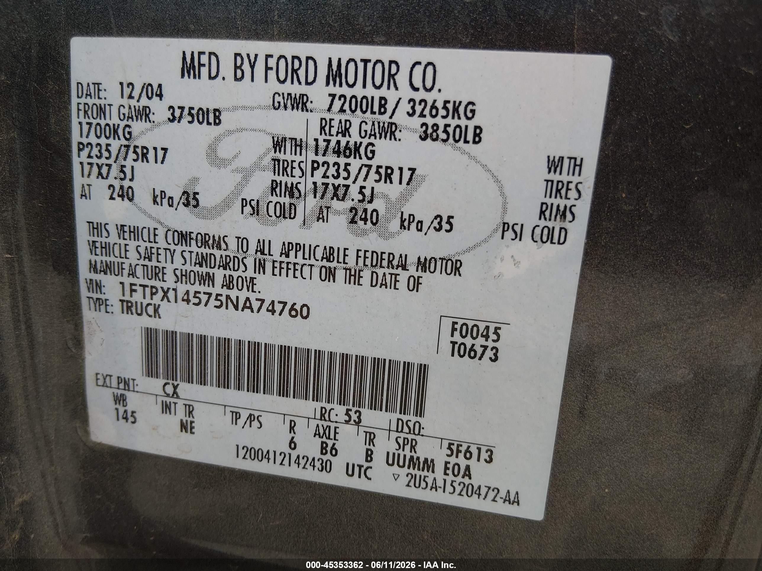2005 Ford F-150 Fx4/lariat/xl/xlt Gray vin: 1FTPX14575NA74760