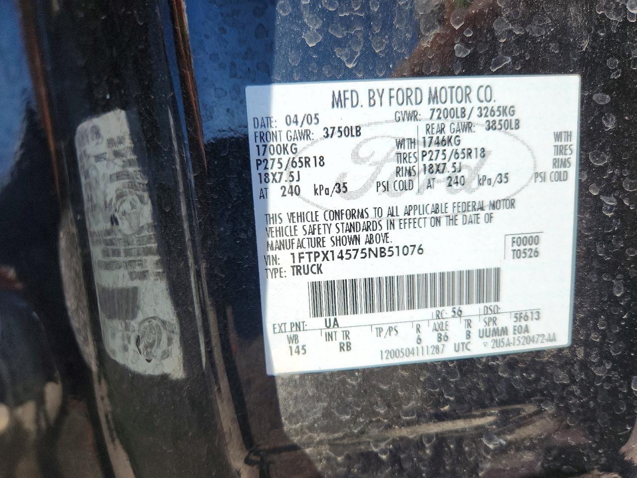 2005 Ford F150 Black vin: 1FTPX14575NB51076