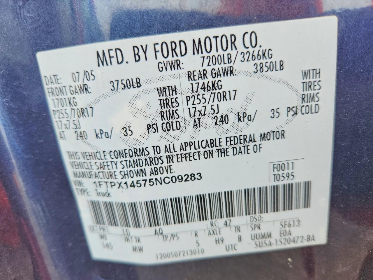 2005 Ford F150 Синий vin: 1FTPX14575NC09283