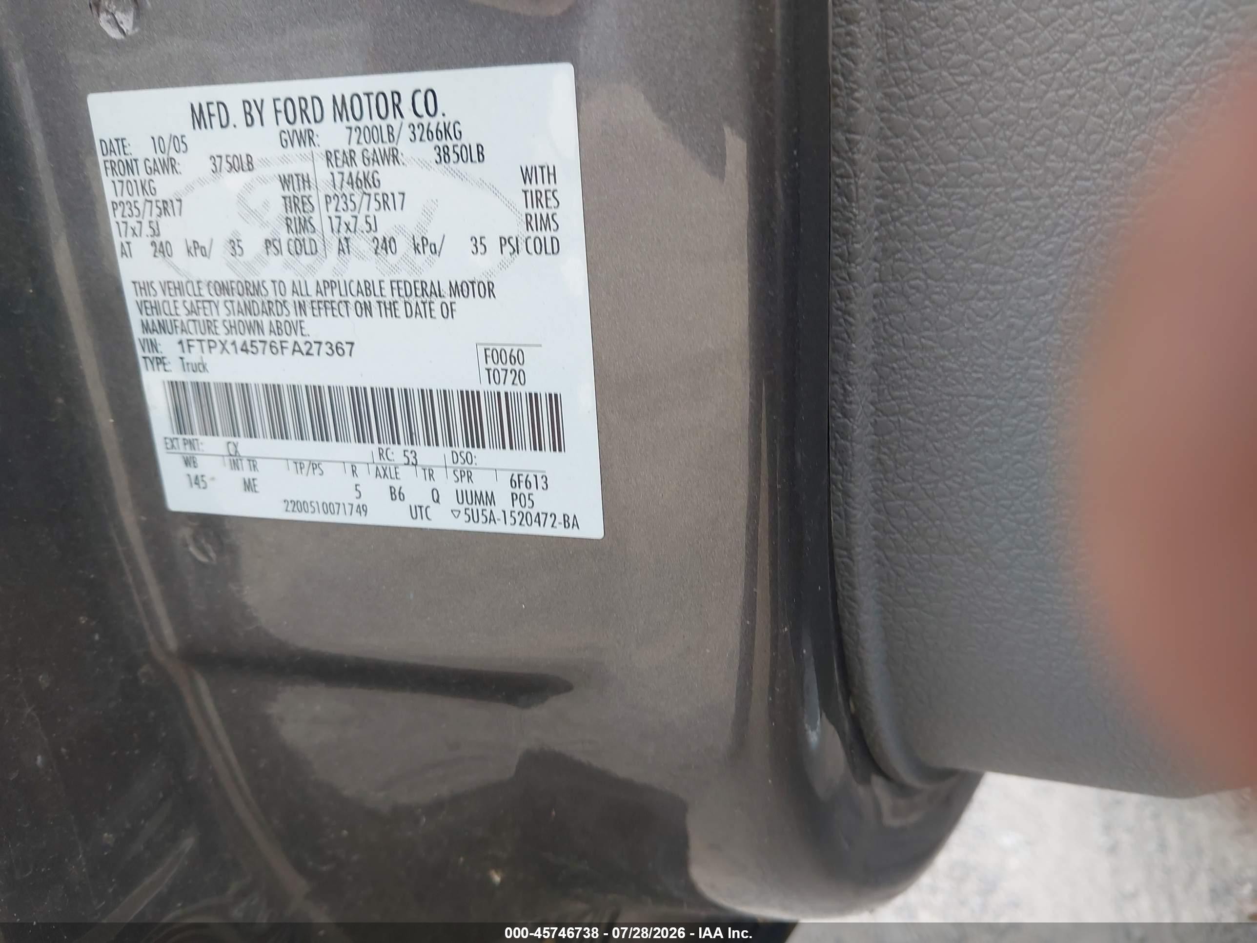 2006 Ford F-150 Fx4/lariat/xl/xlt Серый vin: 1FTPX14576FA27367