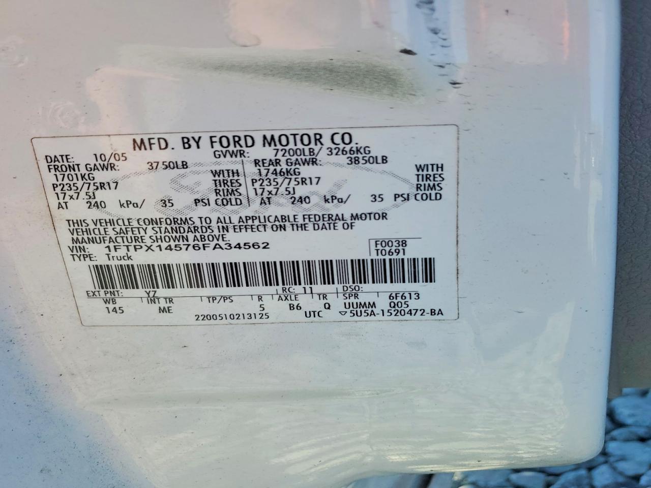 2006 Ford F150 Белый vin: 1FTPX14576FA34562