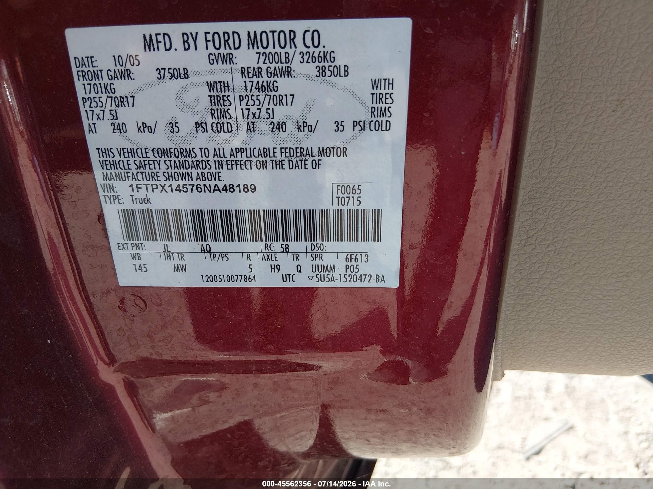 2006 Ford F-150 Fx4/lariat/xl/xlt Burgundy vin: 1FTPX14576NA48189