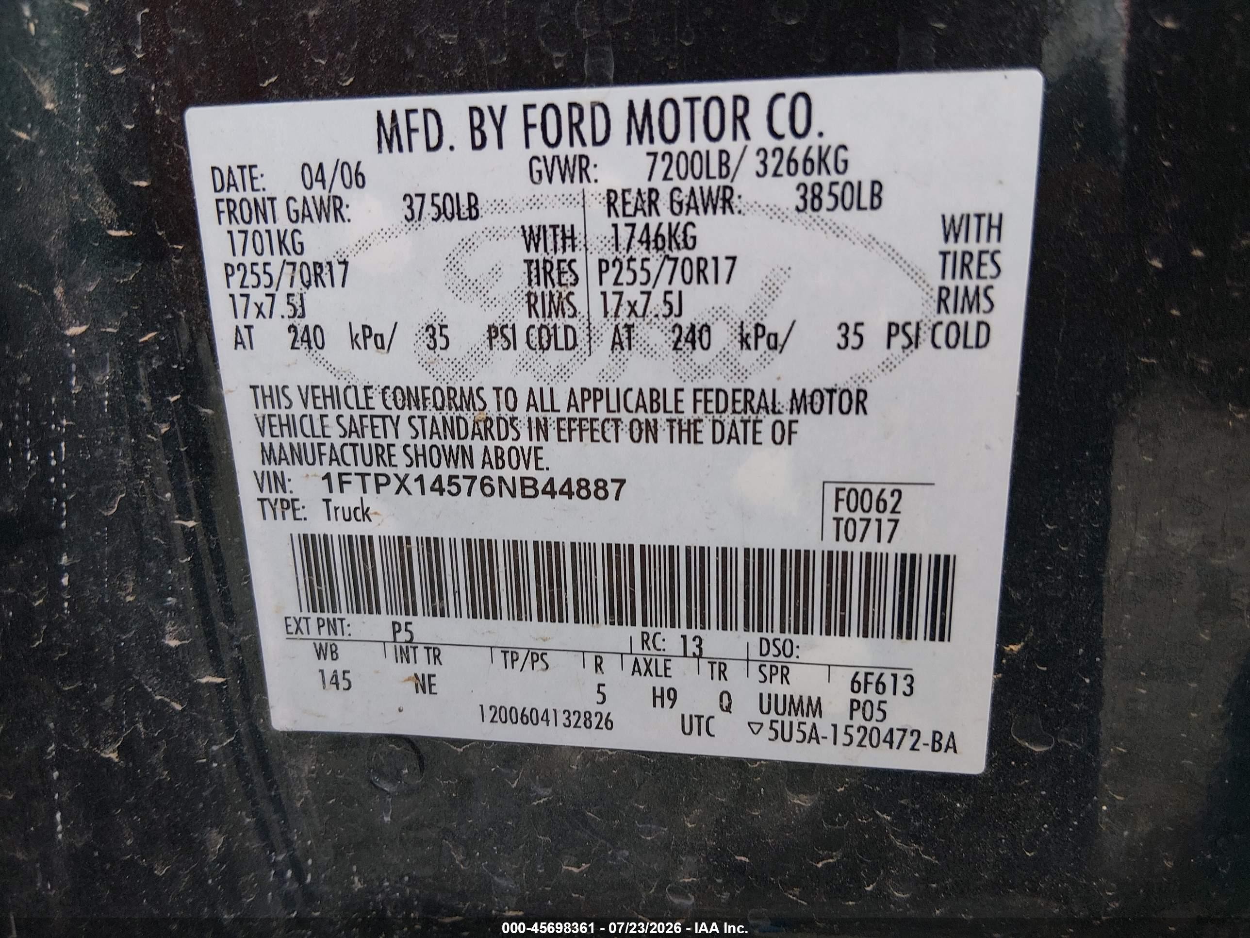 2006 Ford F-150 Fx4/lariat/xl/xlt Green vin: 1FTPX14576NB44887