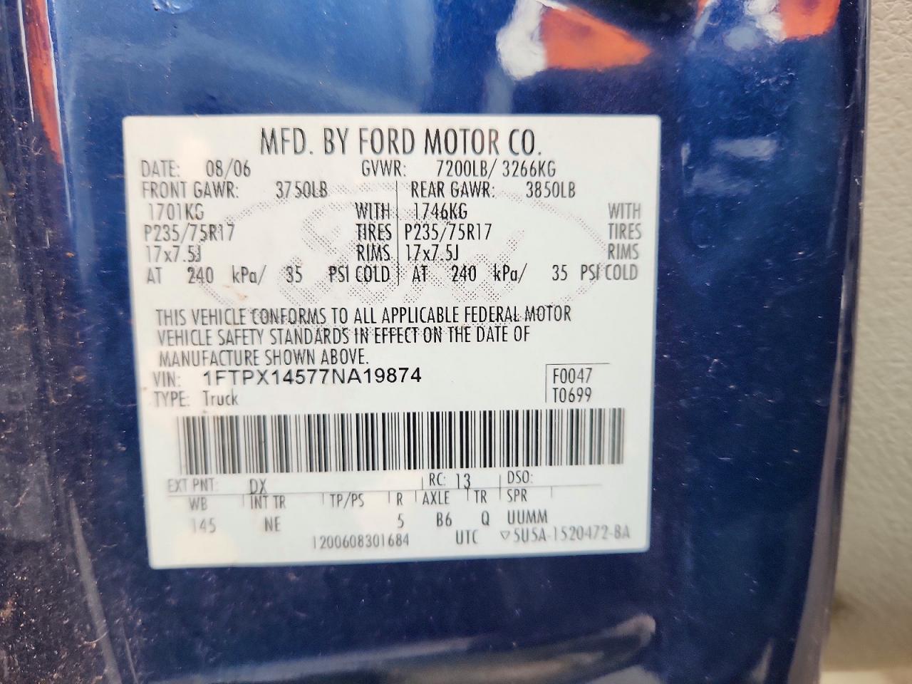 2007 Ford F150 Blue vin: 1FTPX14577NA19874