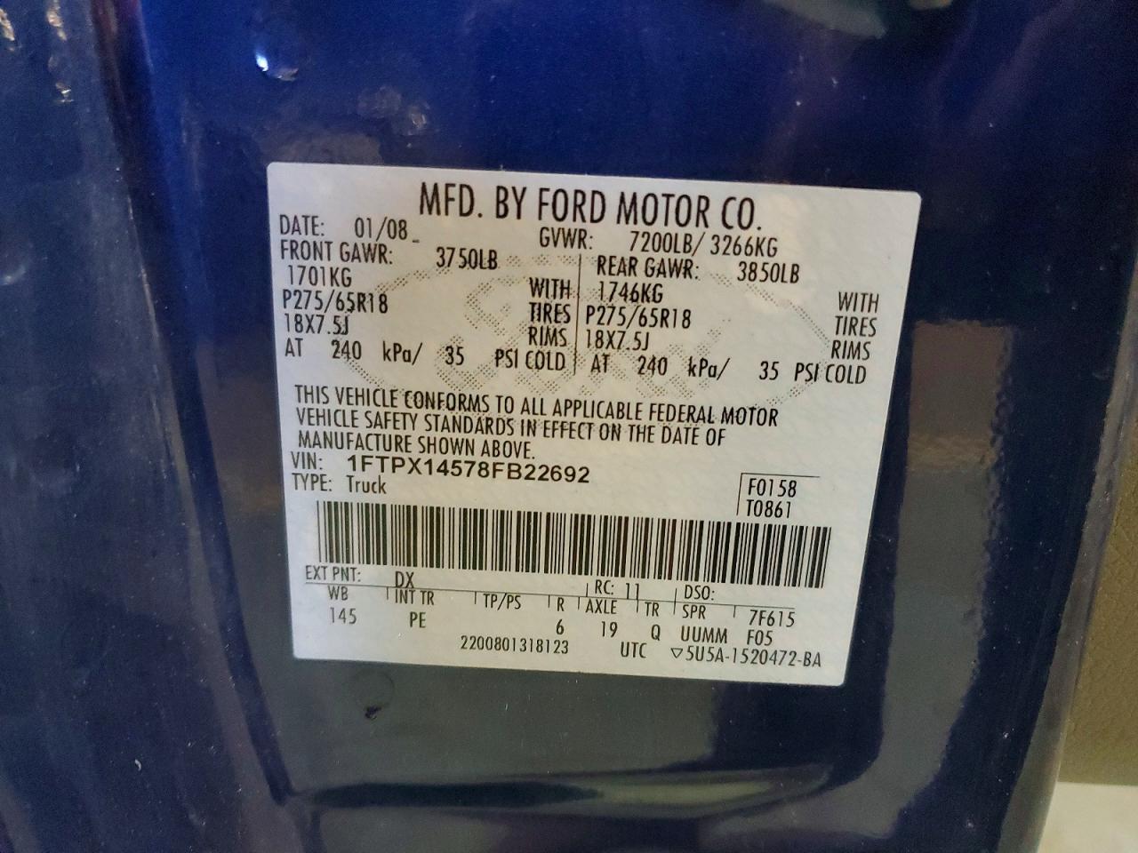 2008 Ford F150 Blue vin: 1FTPX14578FB22692