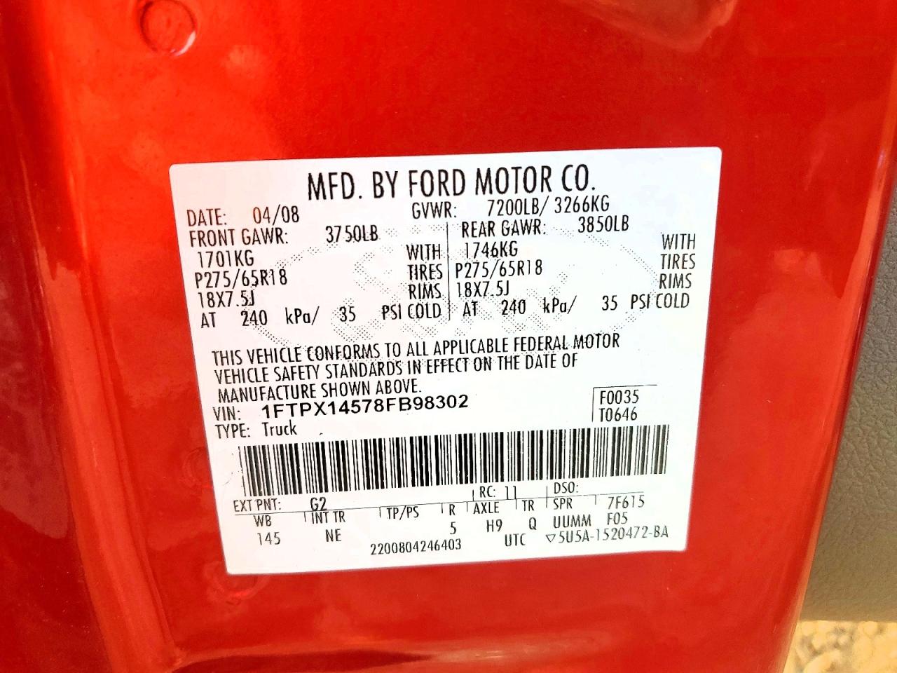 2008 Ford F150 Red vin: 1FTPX14578FB98302