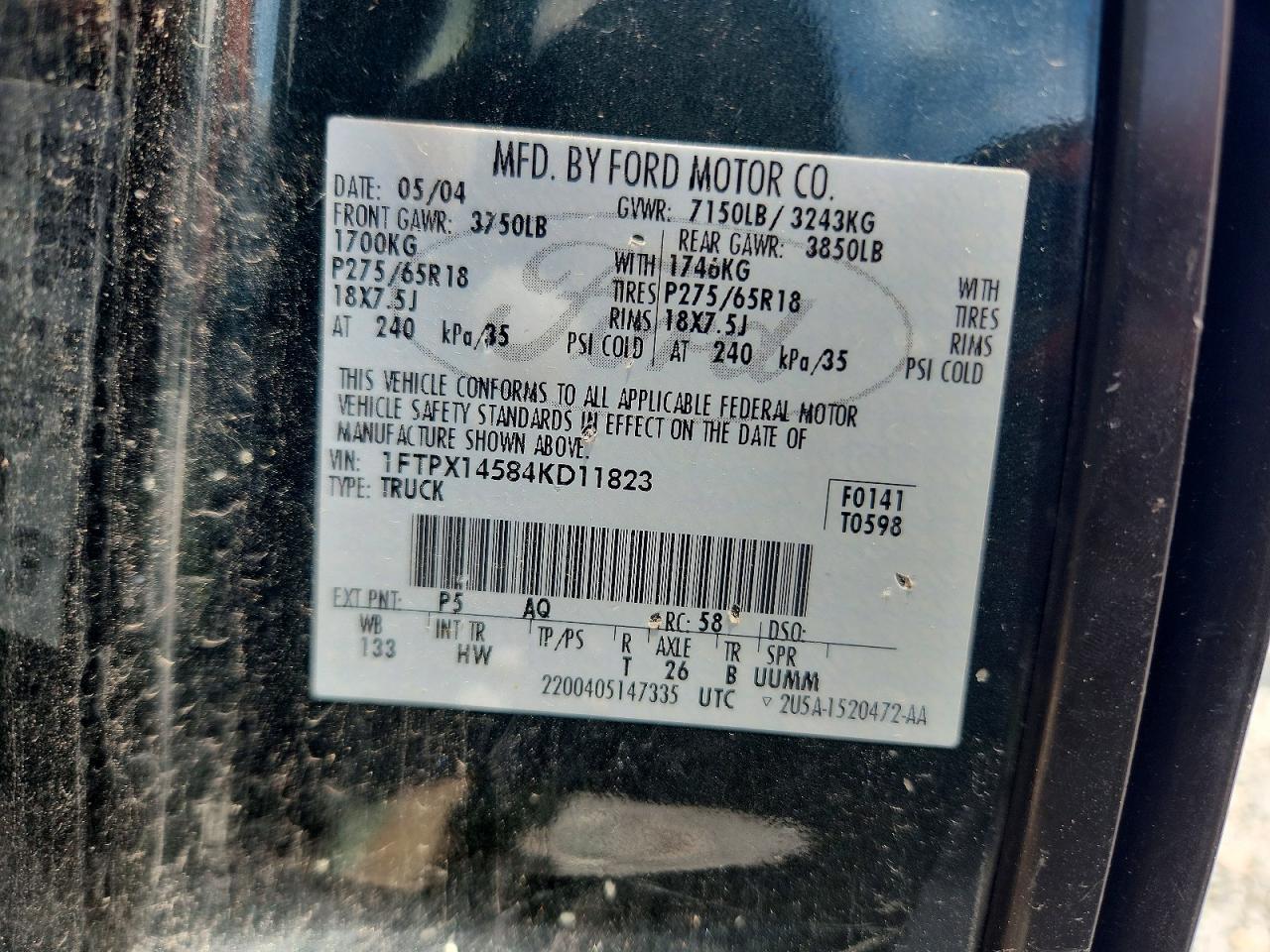 2004 Ford F150 Green vin: 1FTPX14584KD11823