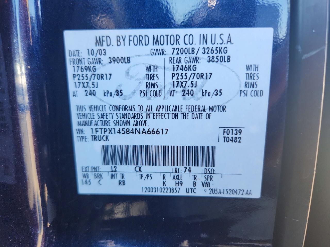 2004 Ford F150 Blue vin: 1FTPX14584NA66617