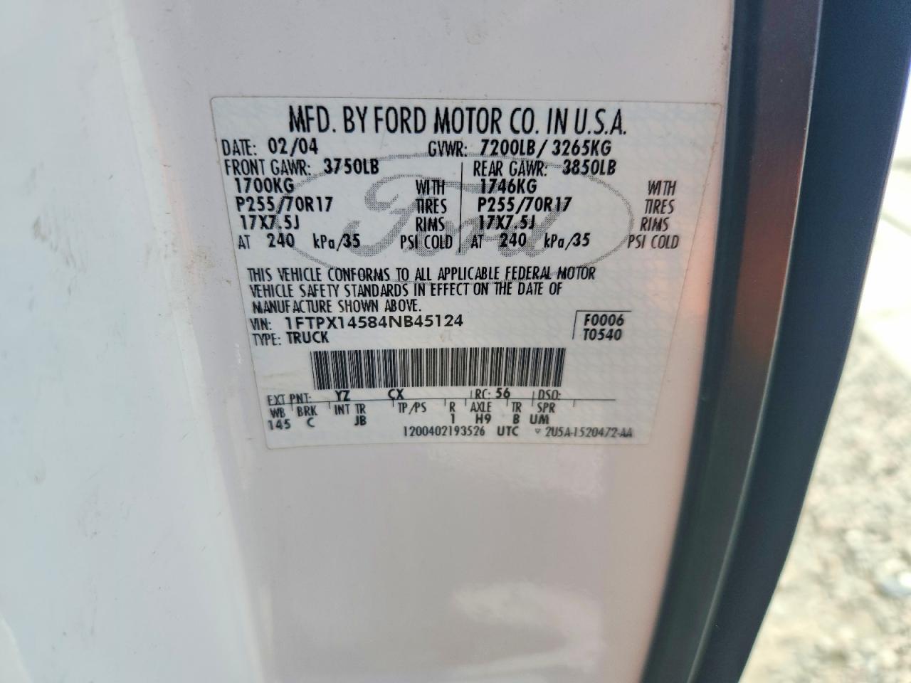 2004 Ford F150 White vin: 1FTPX14584NB45124