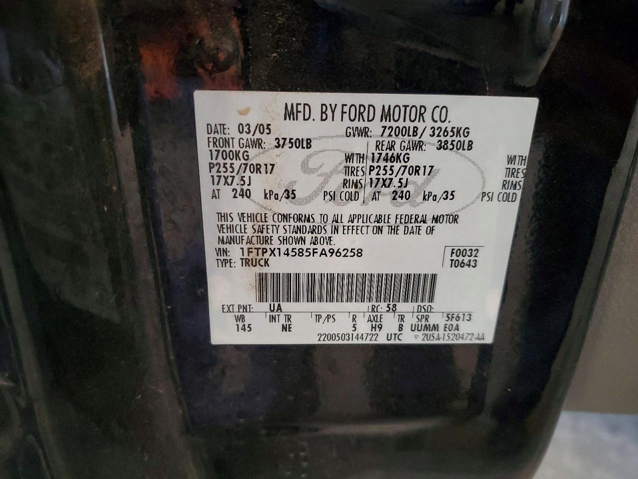 2005 Ford F150 Black vin: 1FTPX14585FA96258