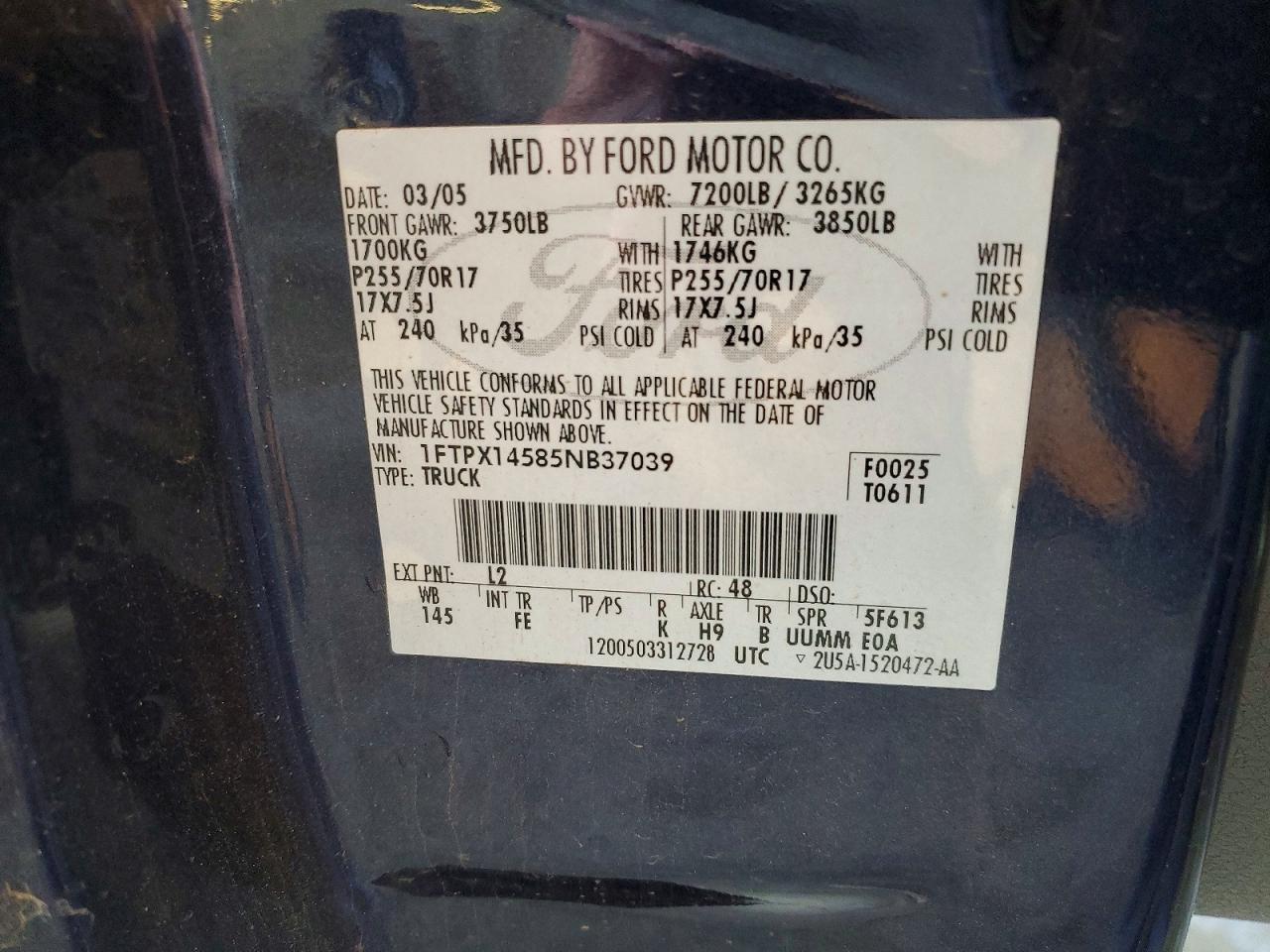 2005 Ford F150 Blue vin: 1FTPX14585NB37039