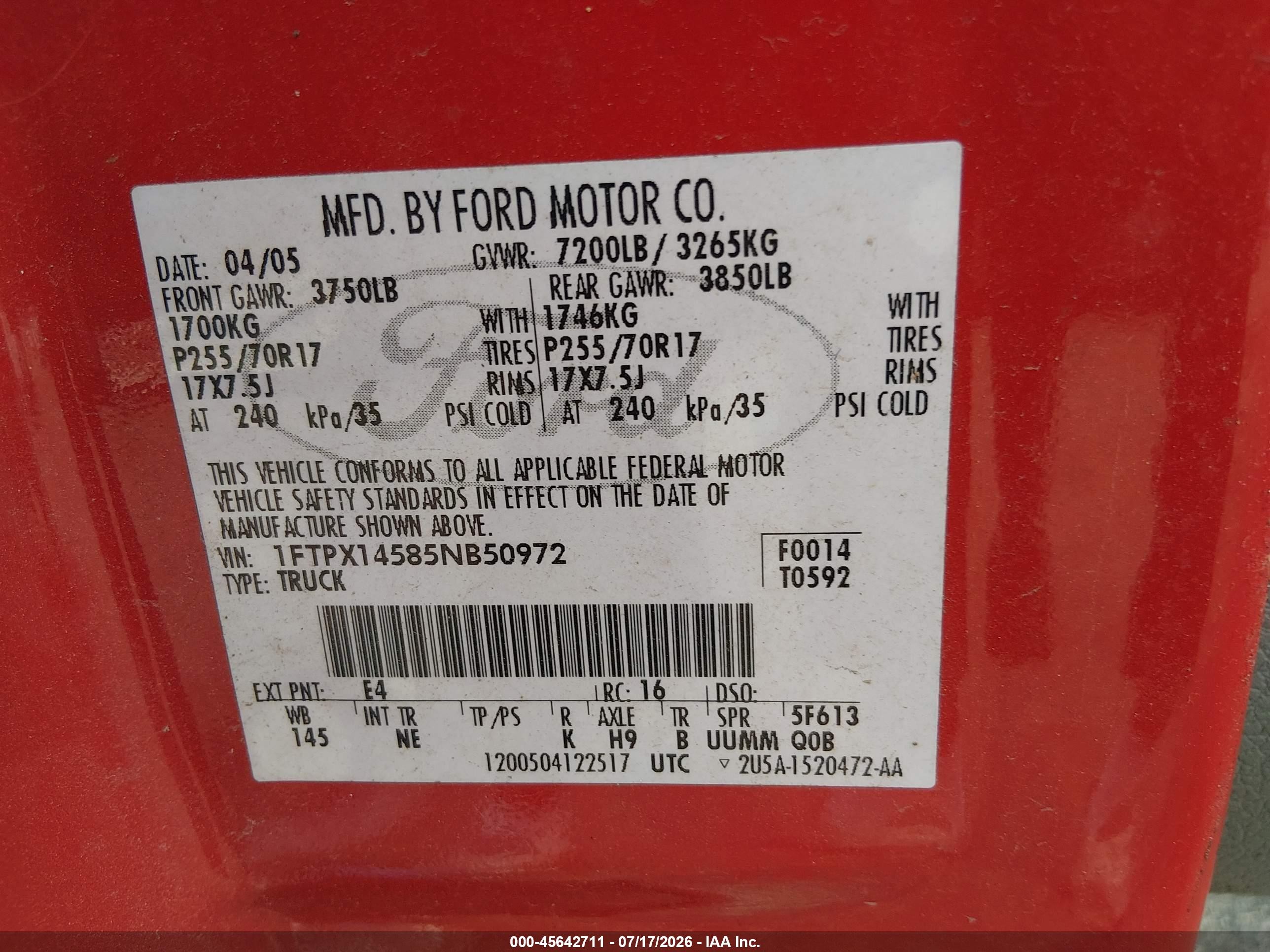 2005 Ford F-150 Fx4/lariat/xl/xlt Red vin: 1FTPX14585NB50972