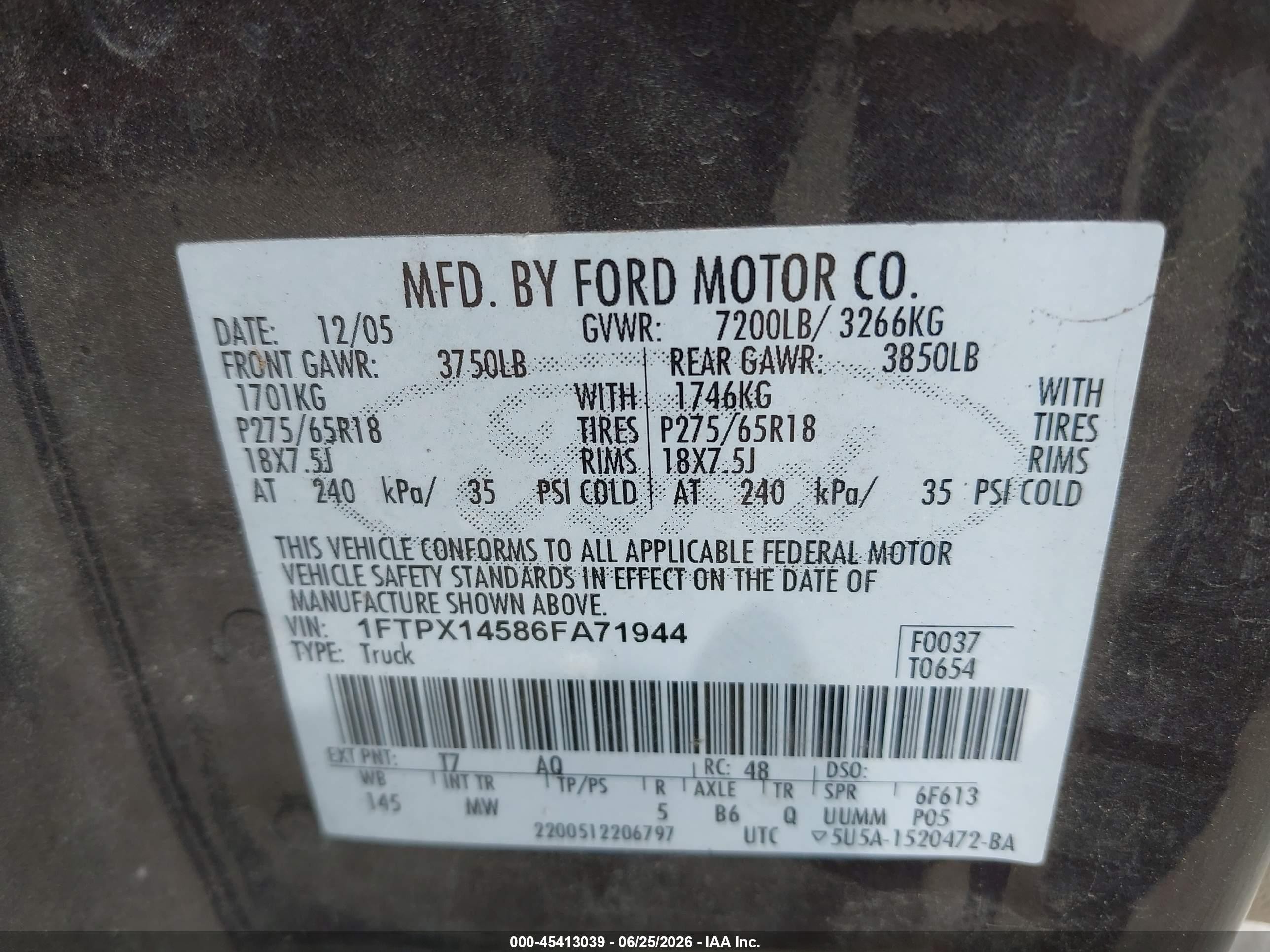 2006 Ford F-150 Fx4/lariat/xl/xlt Gray vin: 1FTPX14586FA71944