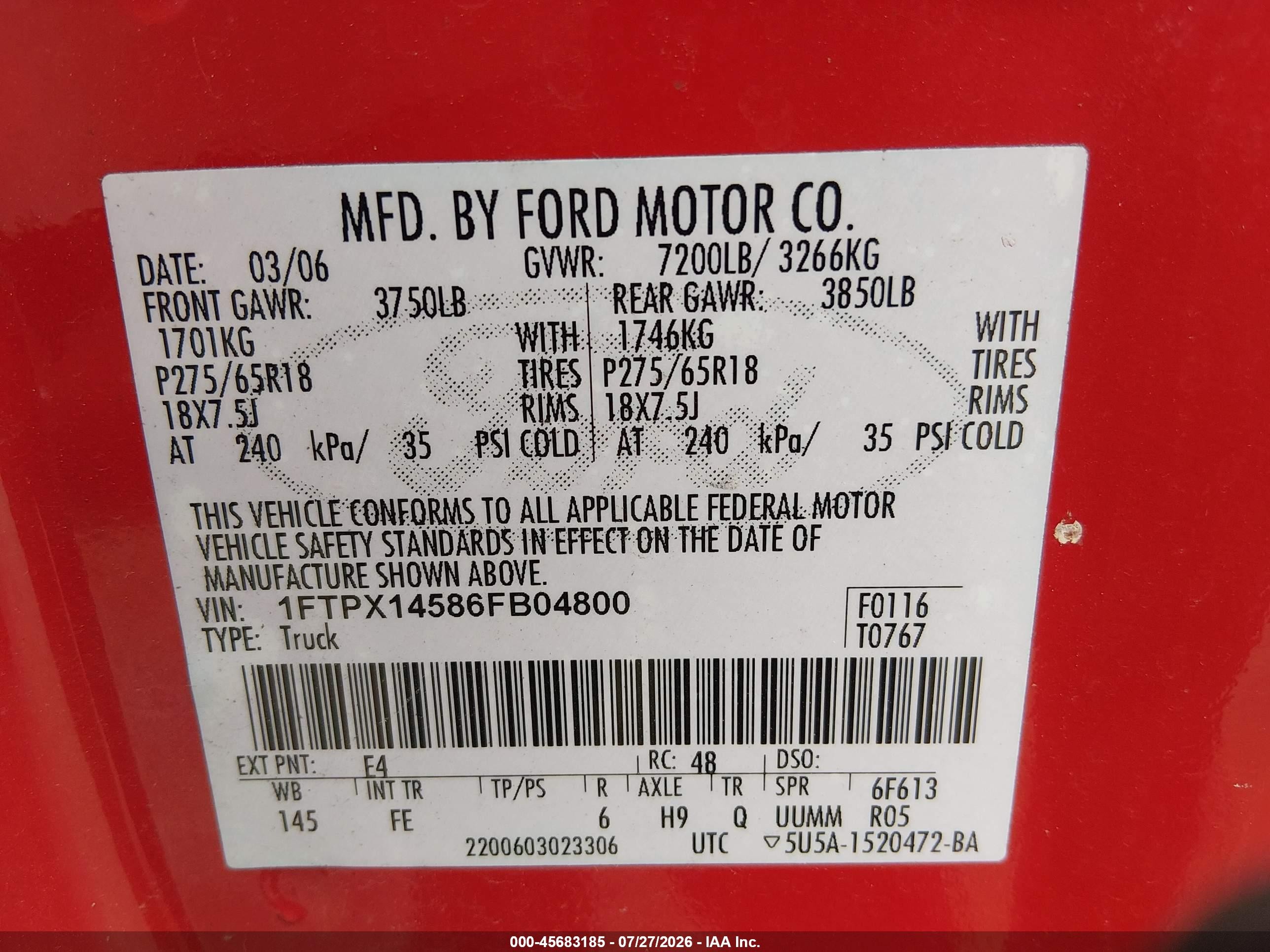 2006 Ford F-150 Fx4/lariat/xl/xlt Red vin: 1FTPX14586FB04800