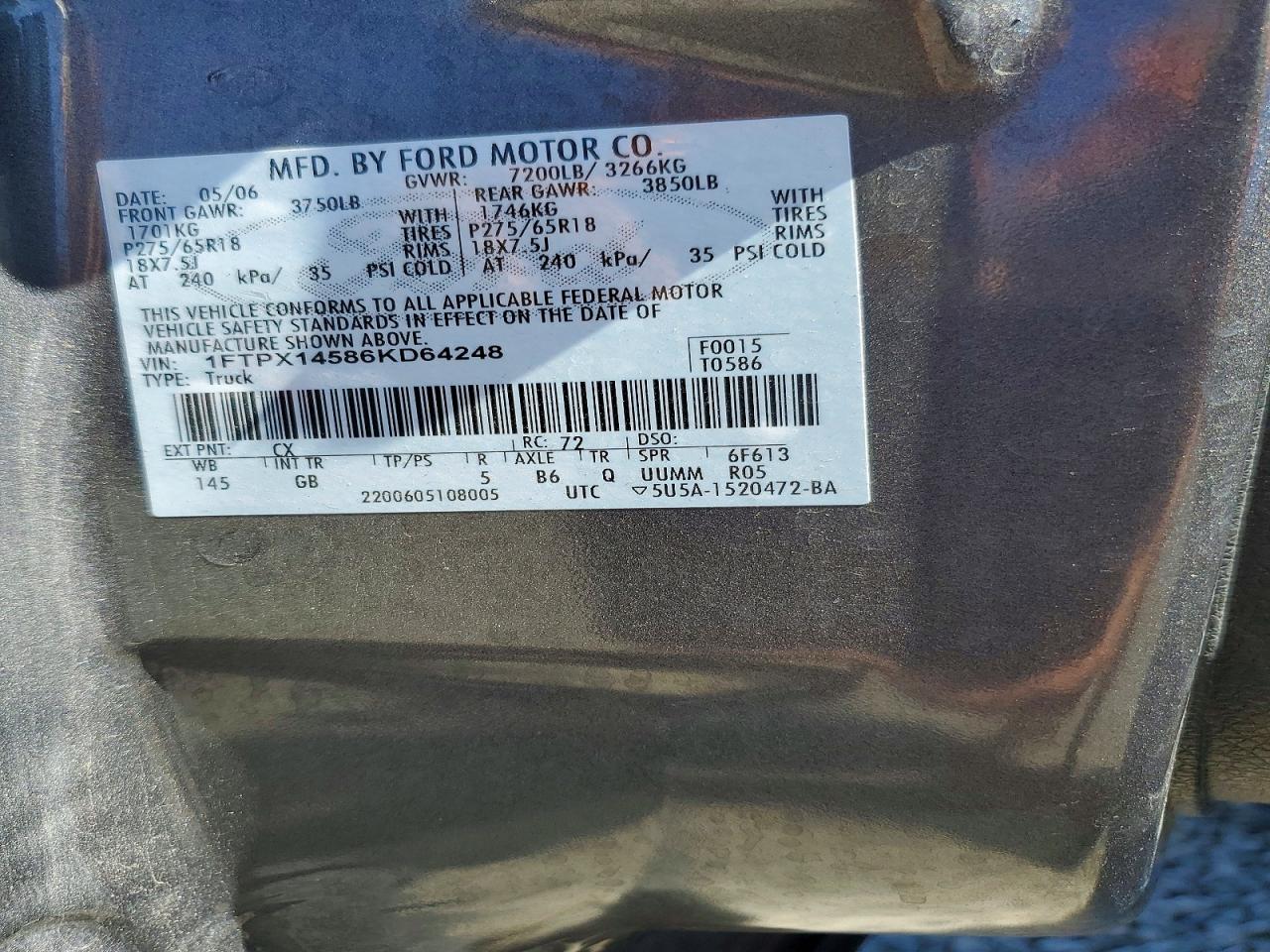 2006 Ford F150 Charcoal vin: 1FTPX14586KD64248