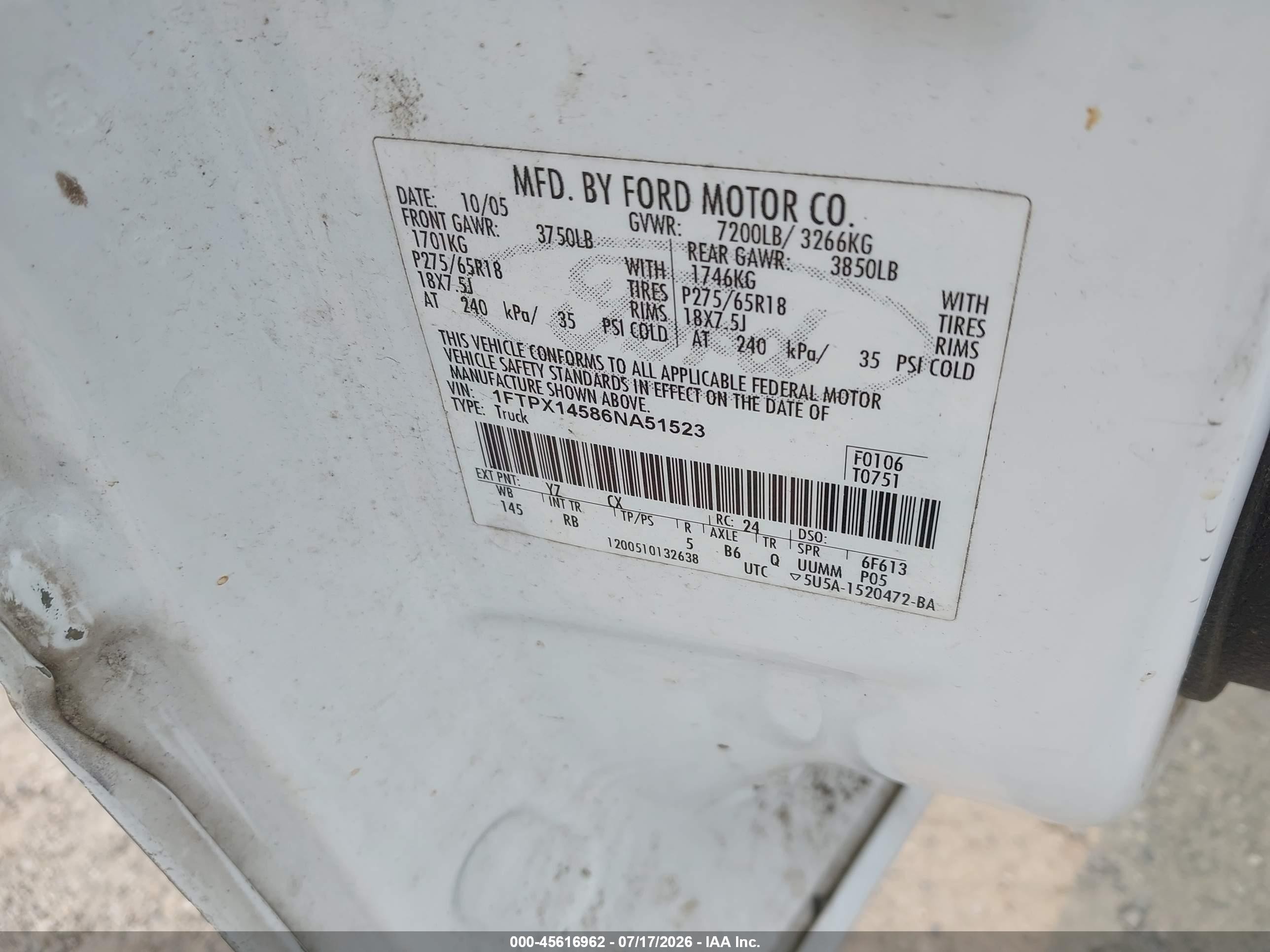 2006 Ford F-150 Fx4/lariat/xl/xlt White vin: 1FTPX14586NA51523