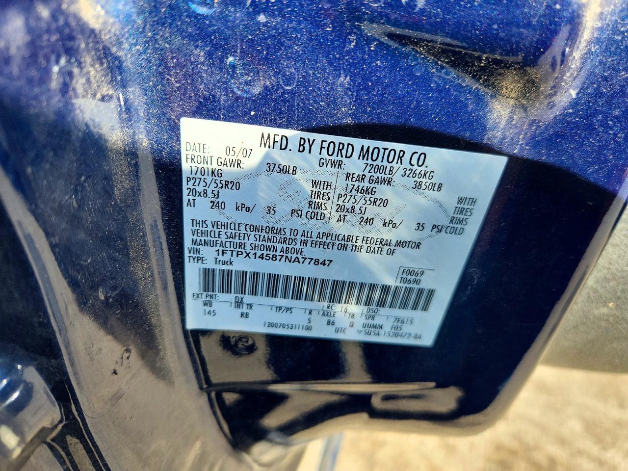 2007 Ford F150 Blue vin: 1FTPX14587NA77847