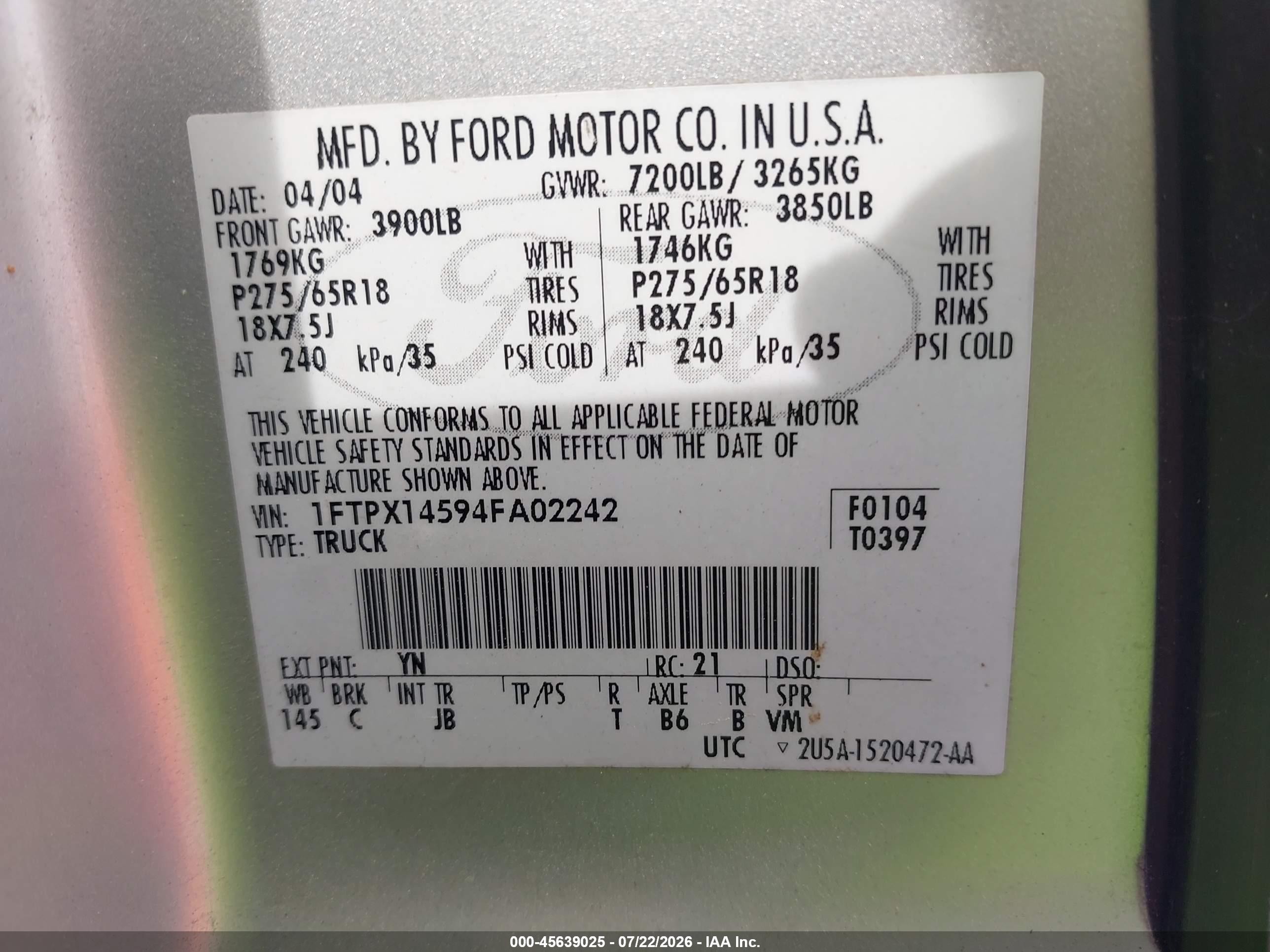 2004 Ford F-150   Gray vin: 1FTPX14594FA02242