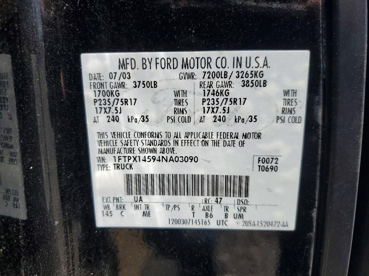 2004 Ford F150 Black vin: 1FTPX14594NA03090