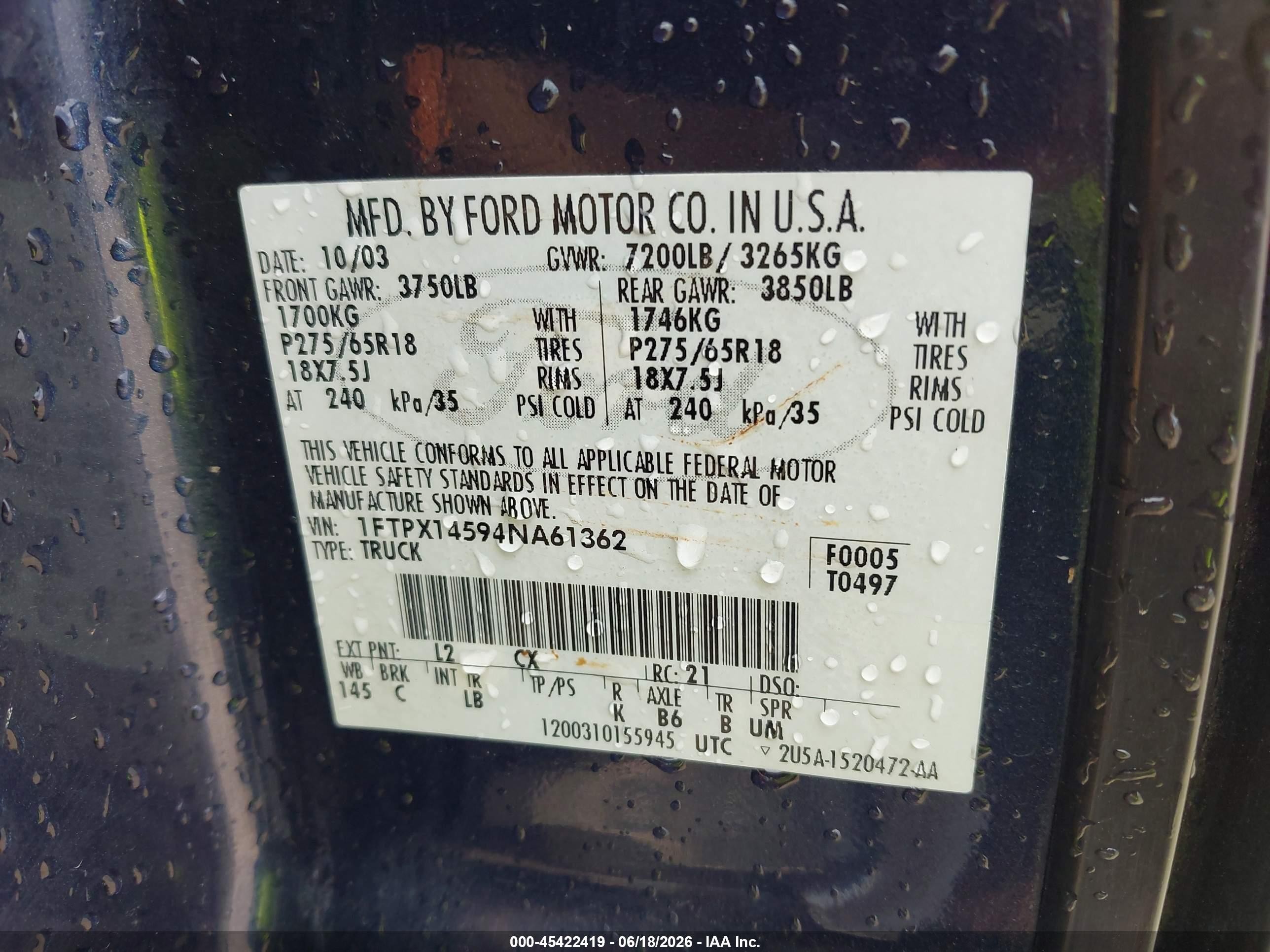 2004 Ford F-150 Fx4/lariat/xl/xlt Dark Blue vin: 1FTPX14594NA61362