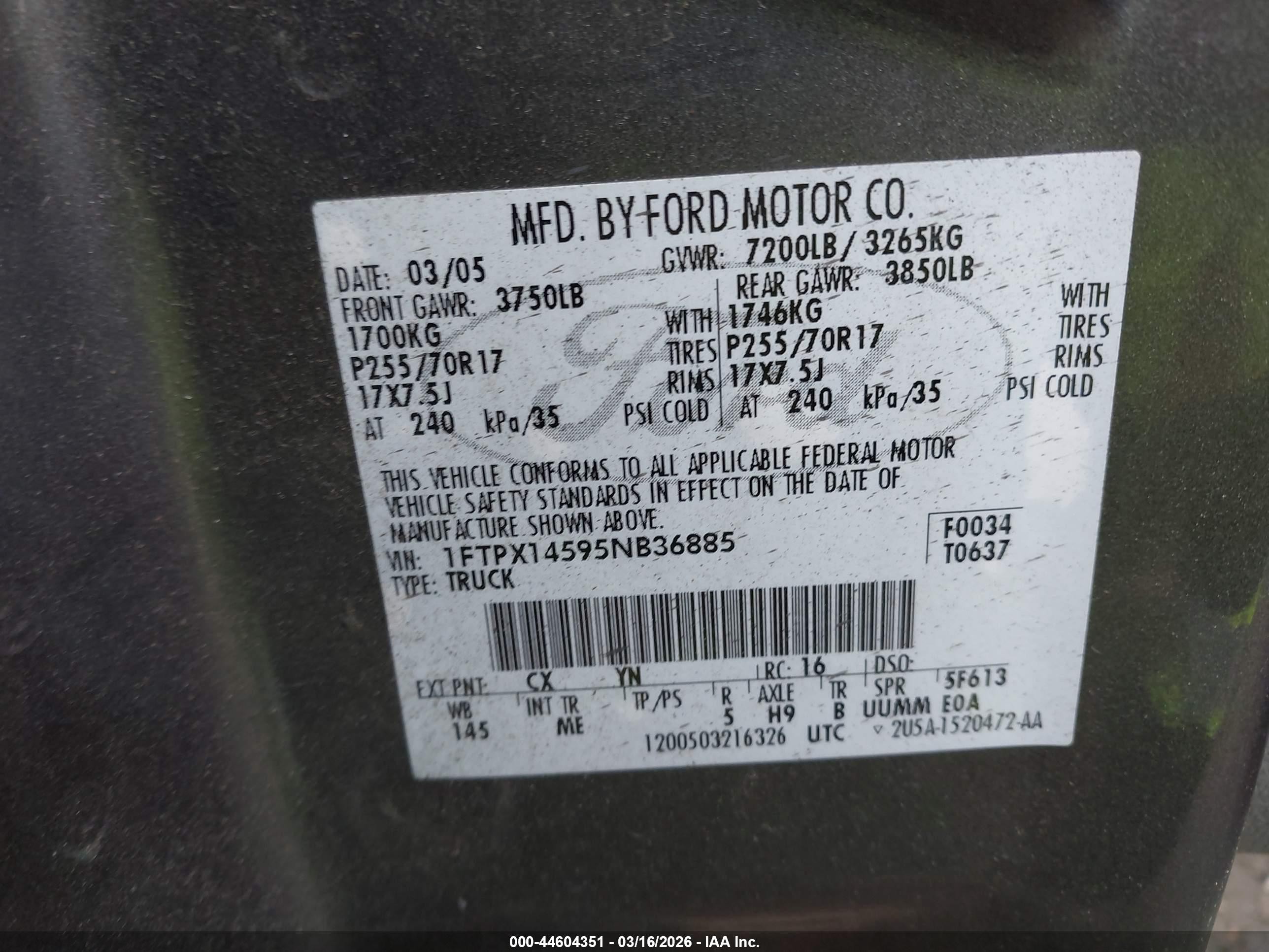 2005 Ford F-150 Fx4/lariat/xl/xlt Gray vin: 1FTPX14595NB36885