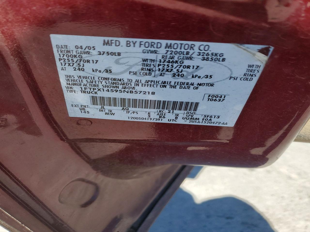 2005 Ford F150 Maroon vin: 1FTPX14595NB57218