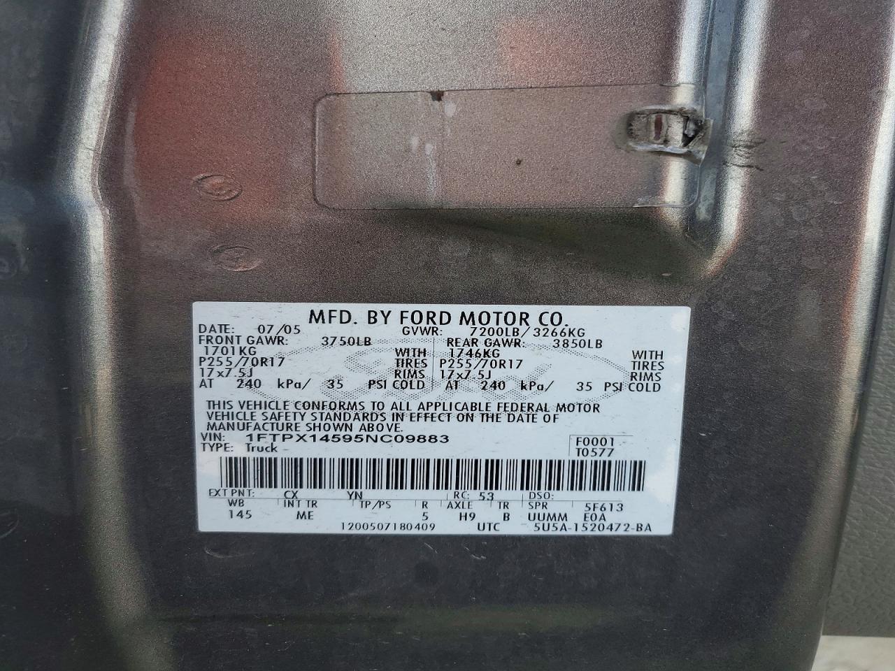 2005 Ford F150 Gray vin: 1FTPX14595NC09883