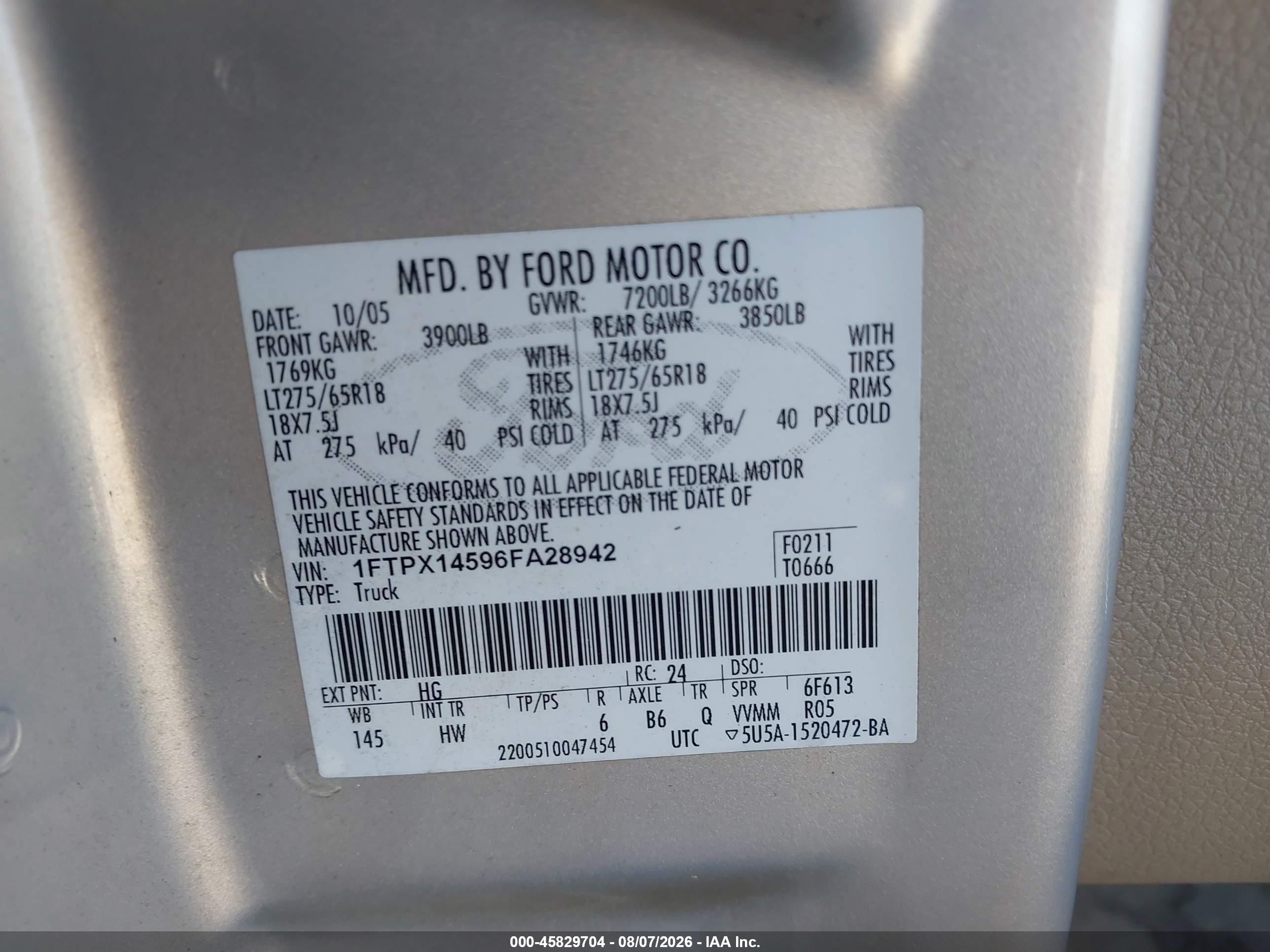 2006 Ford F-150 Fx4/lariat/xl/xlt Champagne vin: 1FTPX14596FA28942
