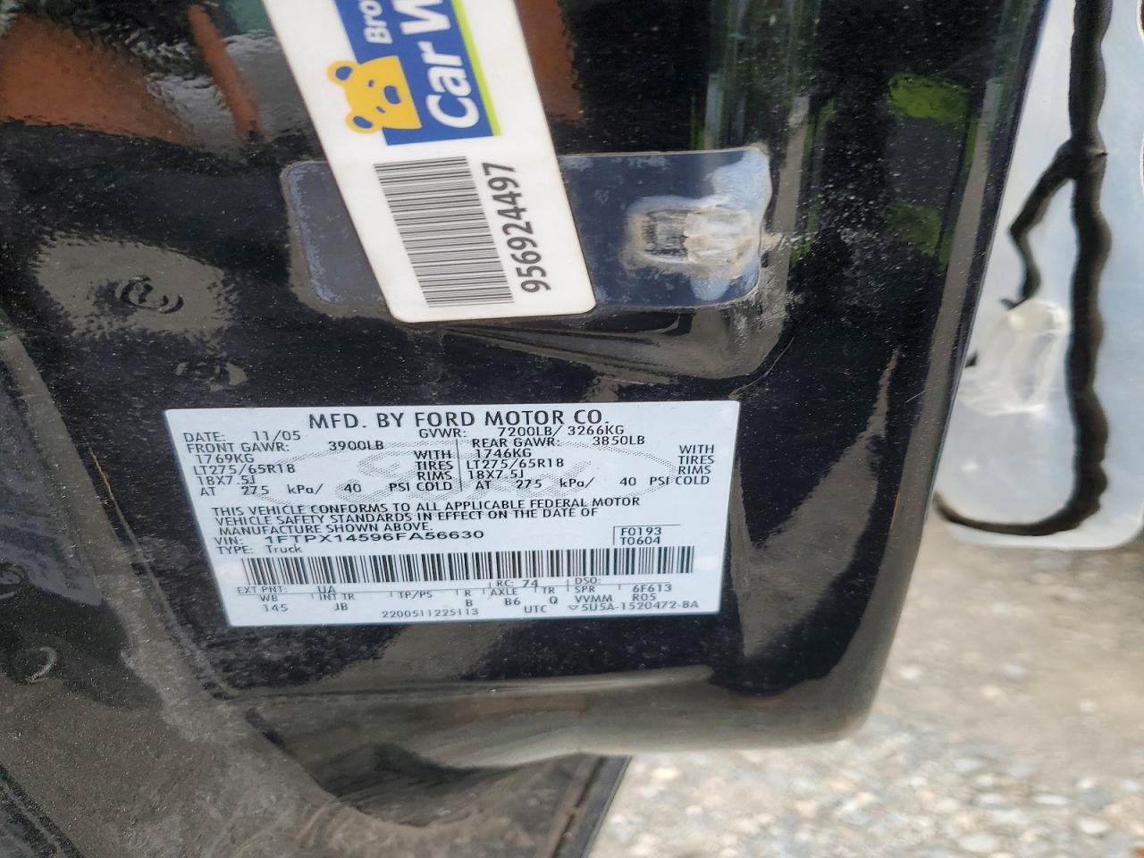 2006 Ford F150 Black vin: 1FTPX14596FA56630