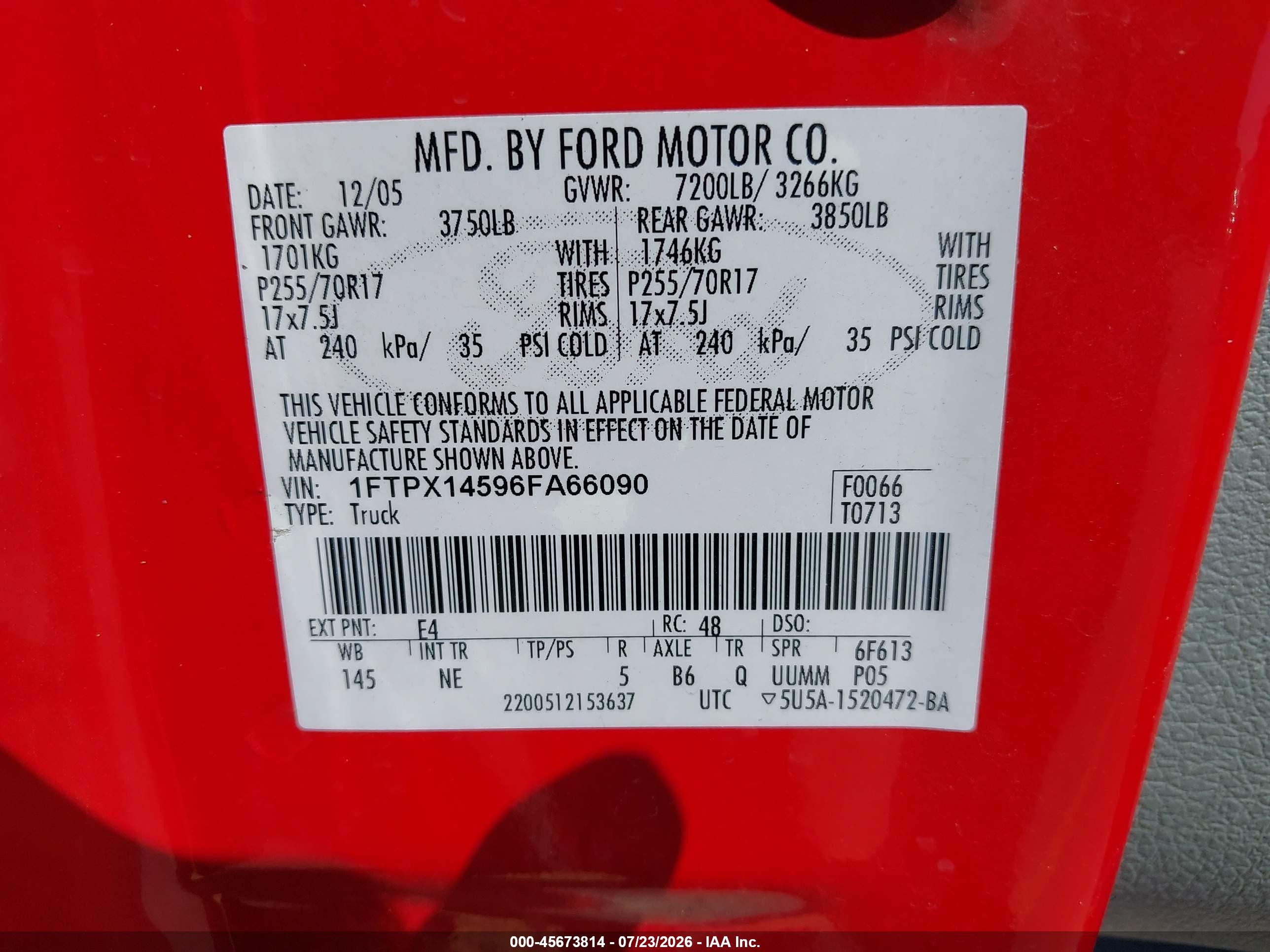 2006 Ford F-150 Fx4/lariat/xl/xlt Red vin: 1FTPX14596FA66090