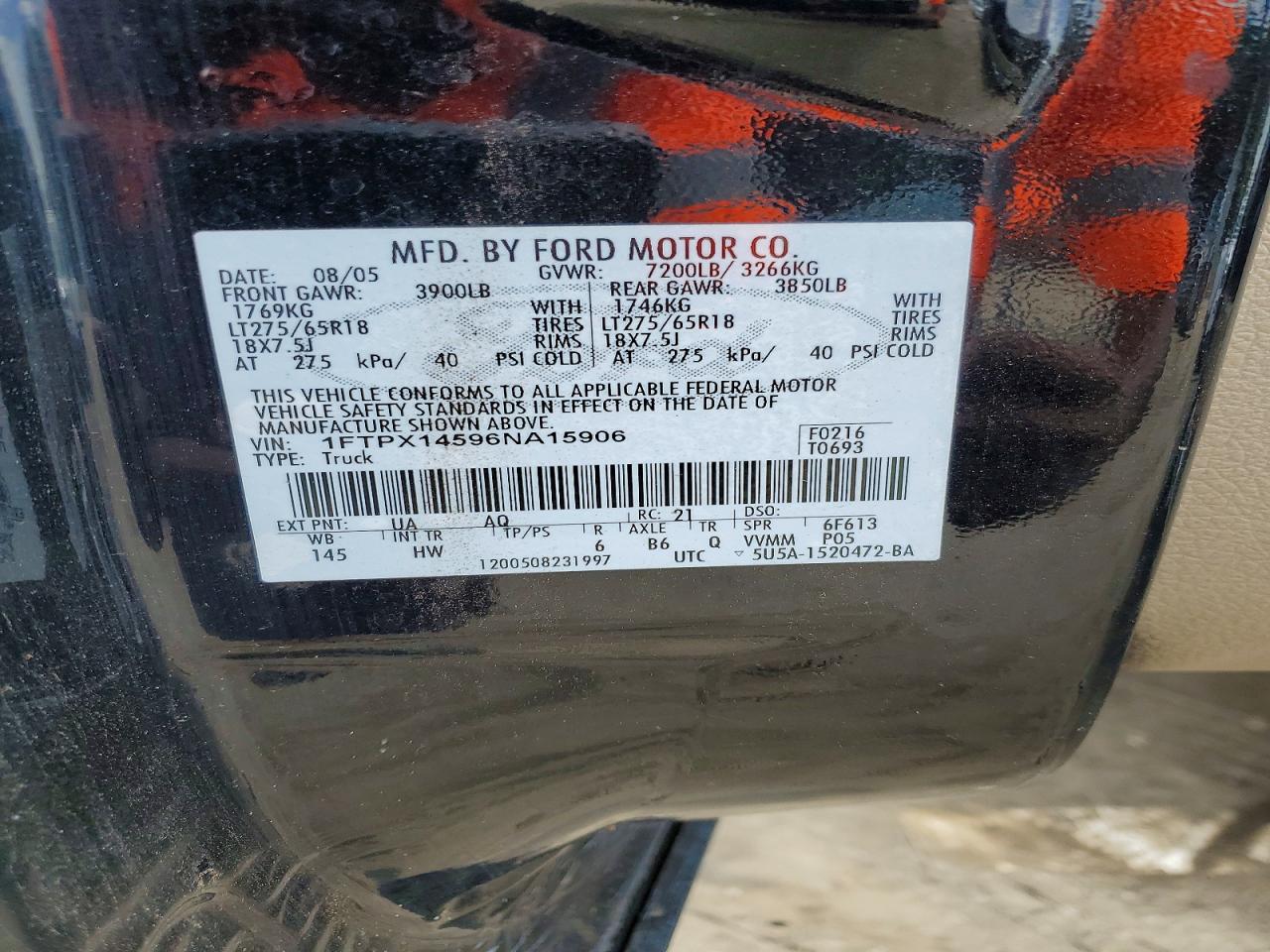 2006 Ford F150 Черный vin: 1FTPX14596NA15906