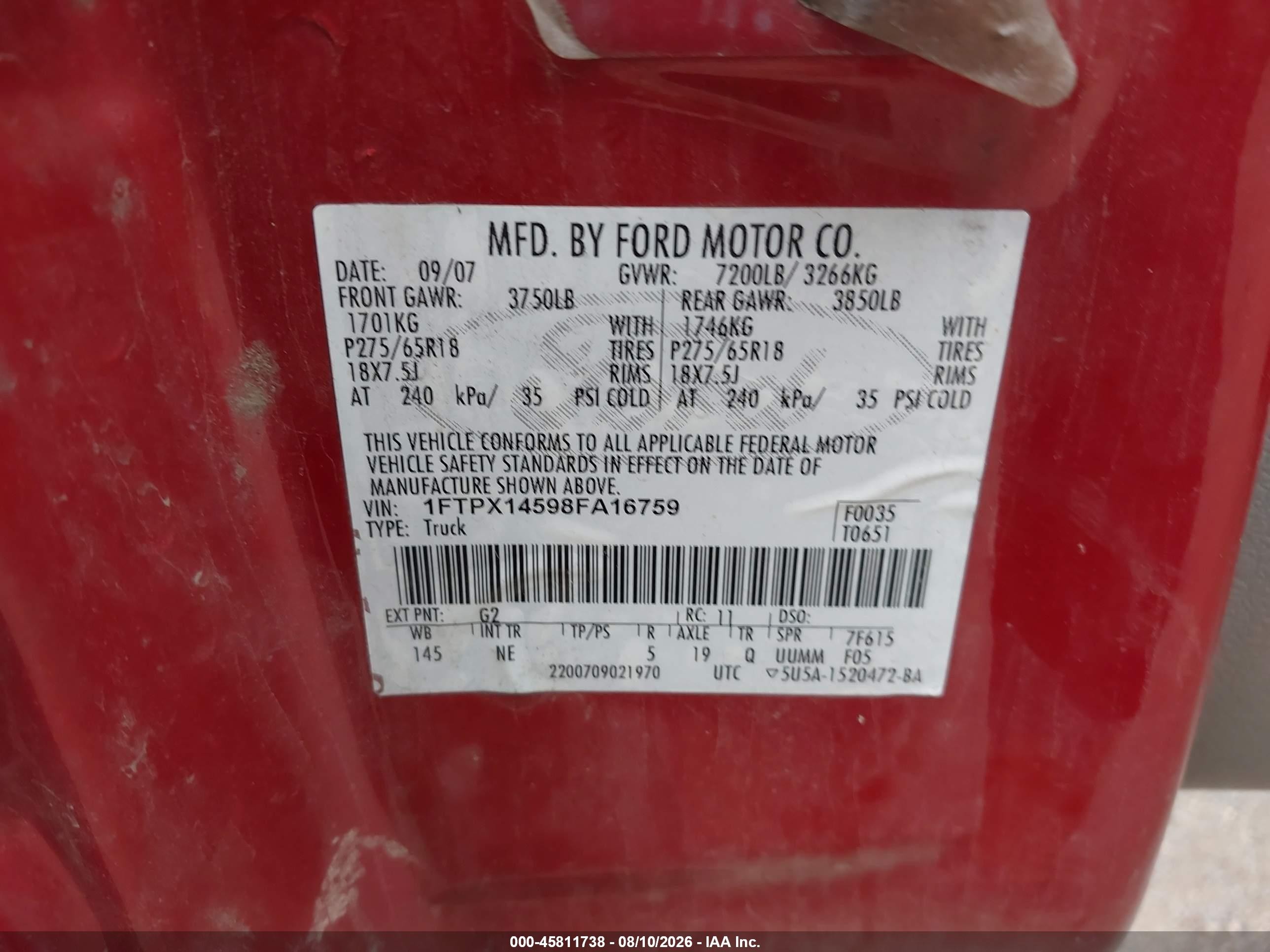 2008 Ford F-150 60th Anniversary/fx4/lariat/xl/xlt Red vin: 1FTPX14598FA16759