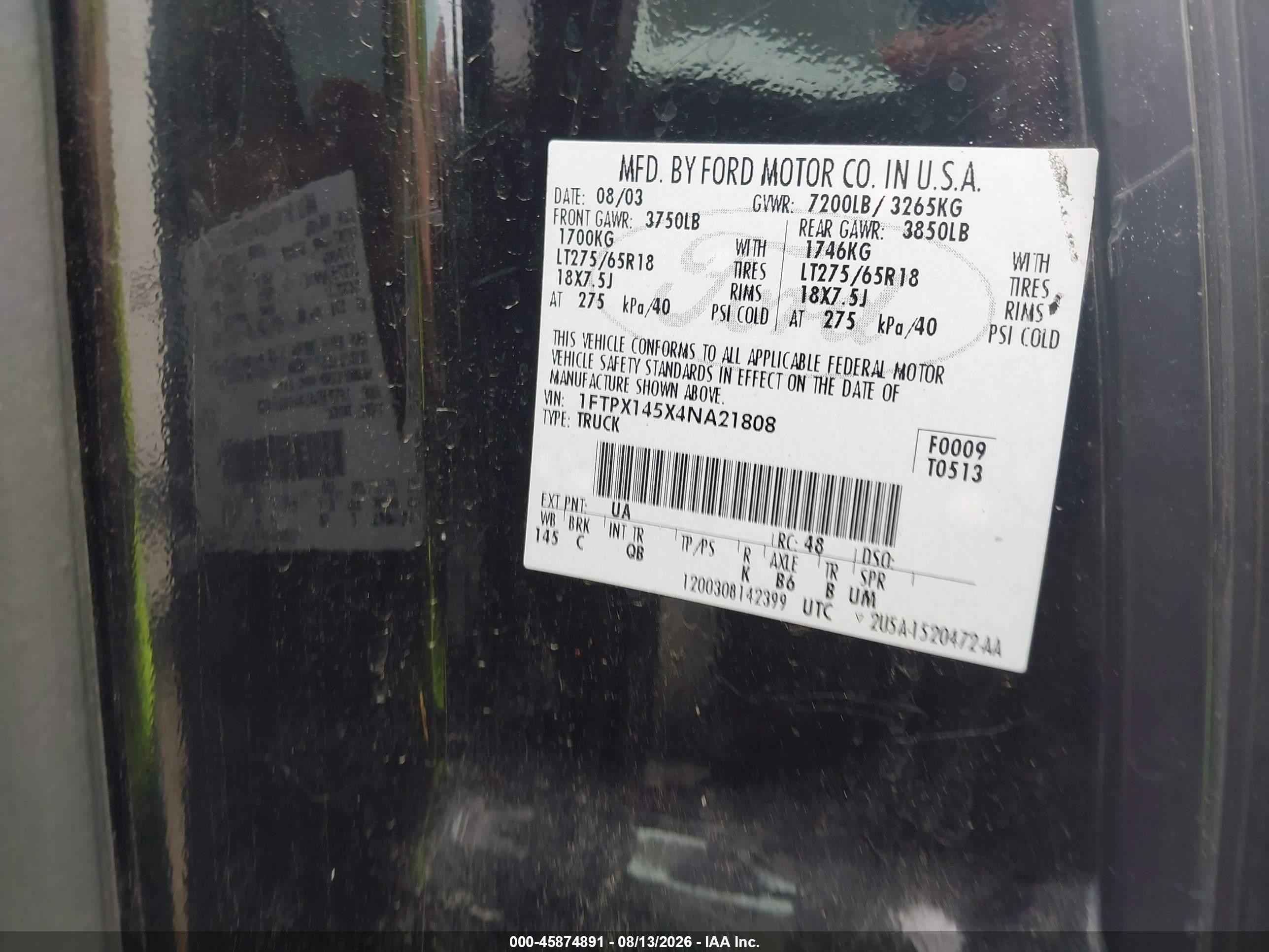 2004 Ford F-150 Fx4/lariat/xl/xlt Black vin: 1FTPX145X4NA21808