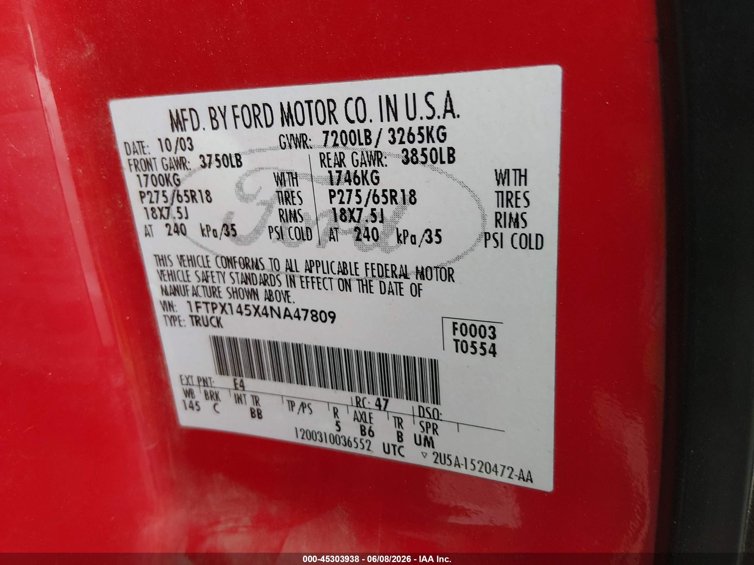 2004 Ford F-150 Fx4/lariat/xl/xlt Red vin: 1FTPX145X4NA47809