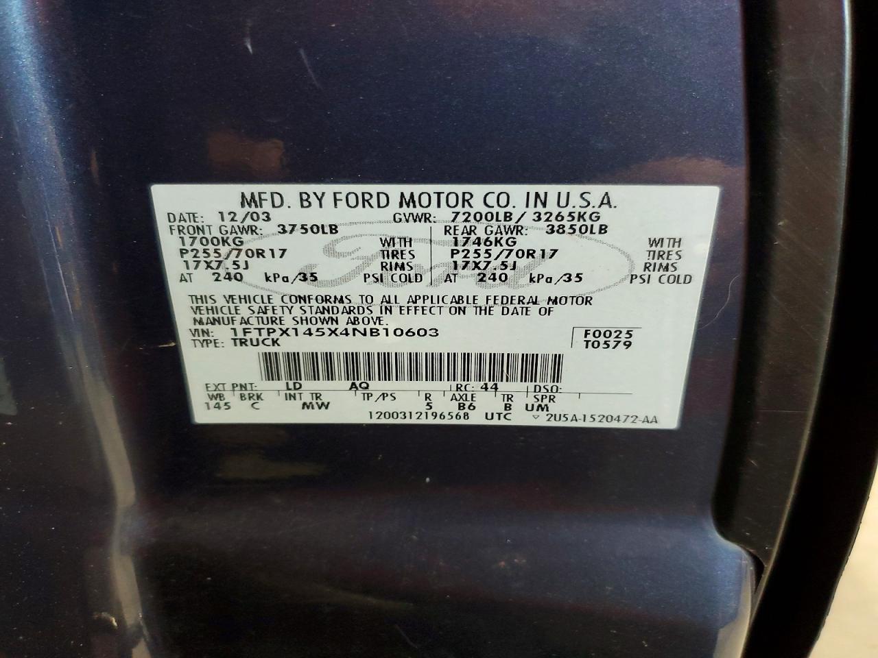 2004 Ford F150 Blue vin: 1FTPX145X4NB10603