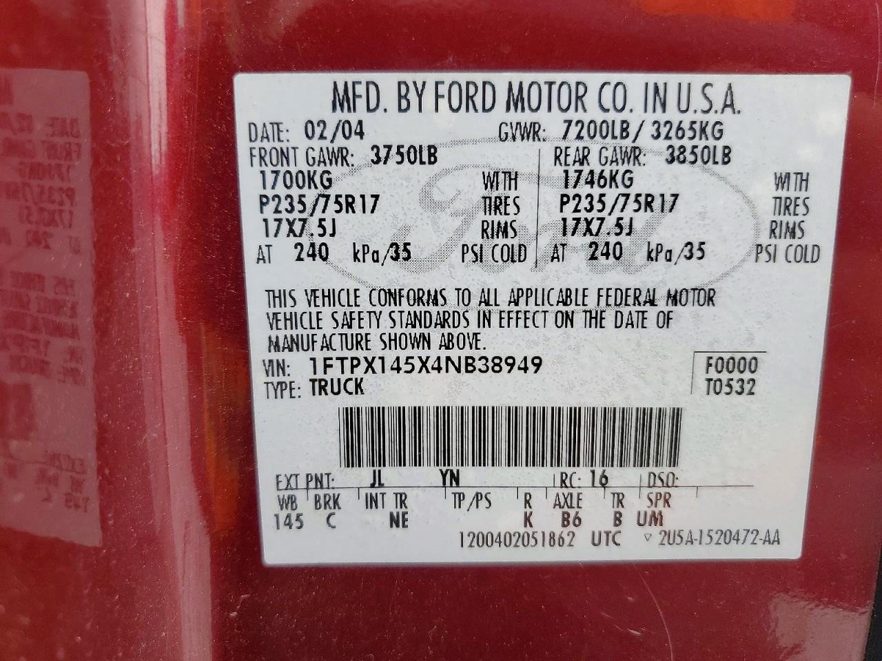2004 Ford F150 Burgundy vin: 1FTPX145X4NB38949
