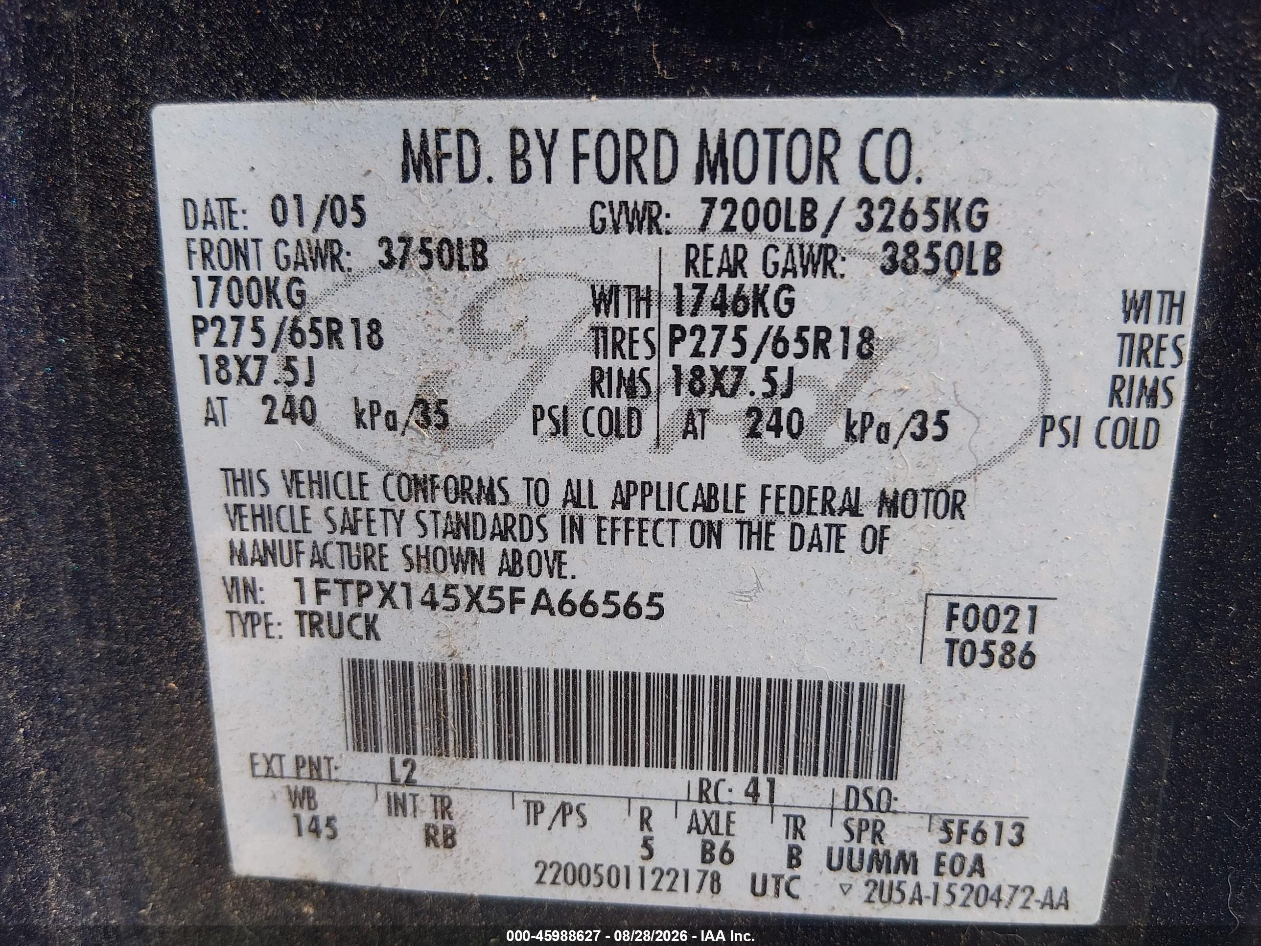 2005 Ford F-150 Fx4/lariat/xl/xlt Dark Blue vin: 1FTPX145X5FA66565