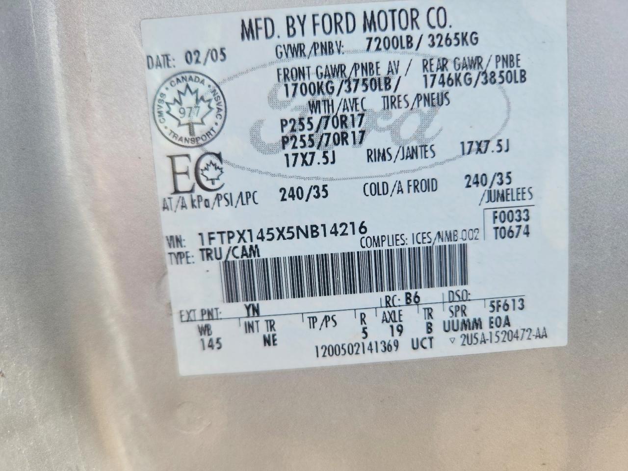 2005 Ford F150 Silver vin: 1FTPX145X5NB14216