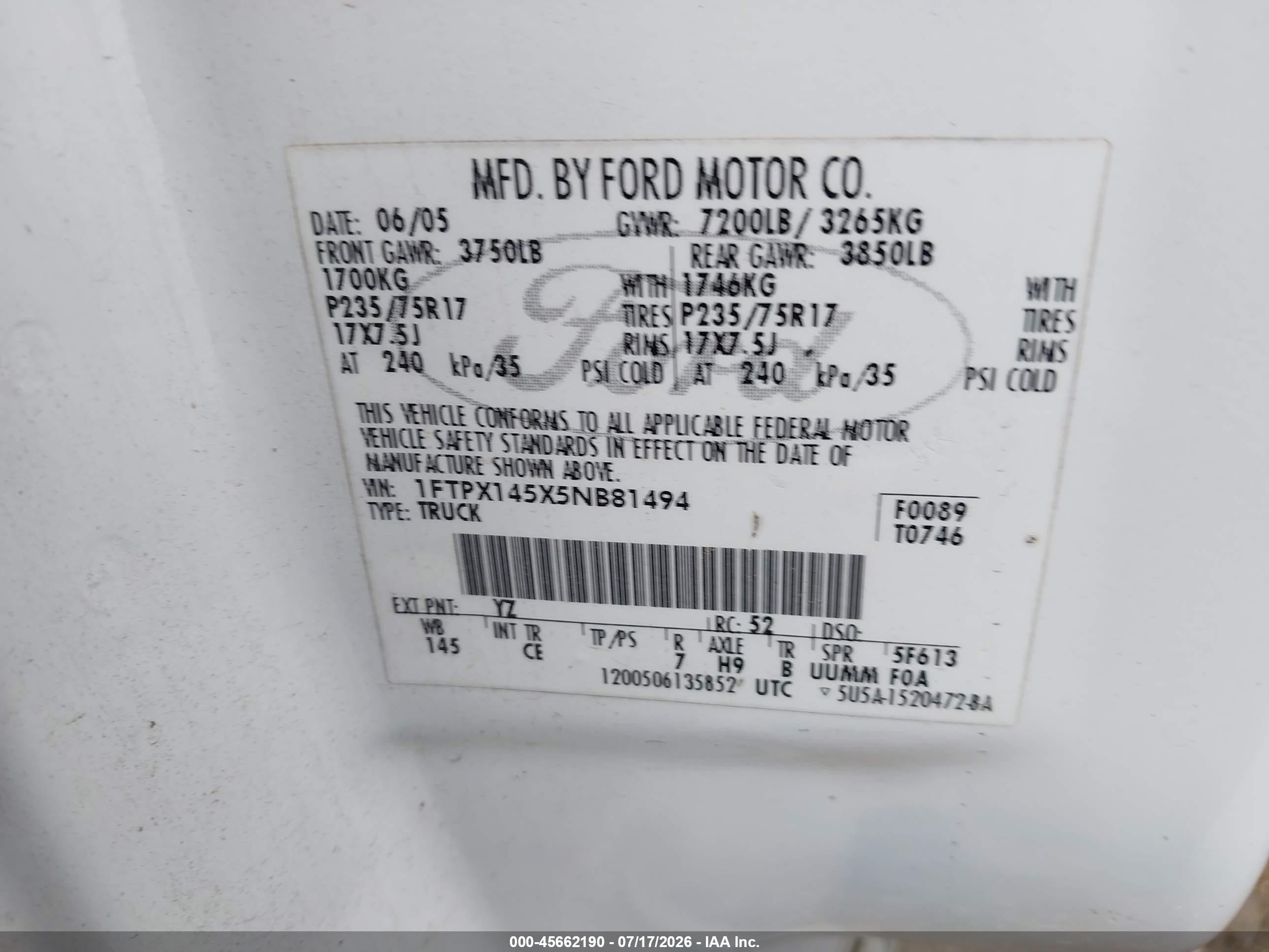 2005 Ford F-150 Fx4/lariat/xl/xlt White vin: 1FTPX145X5NB81494