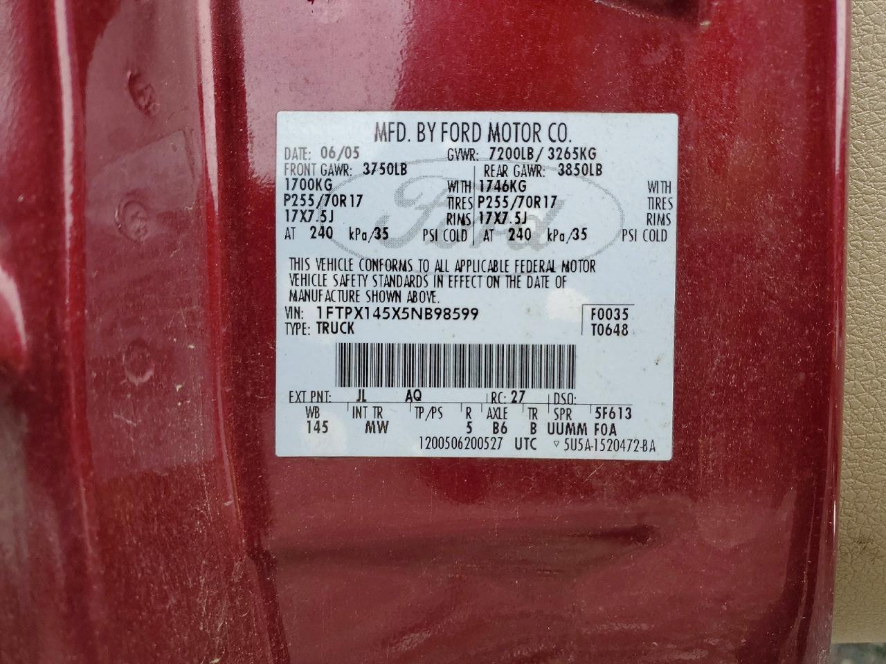2005 Ford F150 Burgundy vin: 1FTPX145X5NB98599