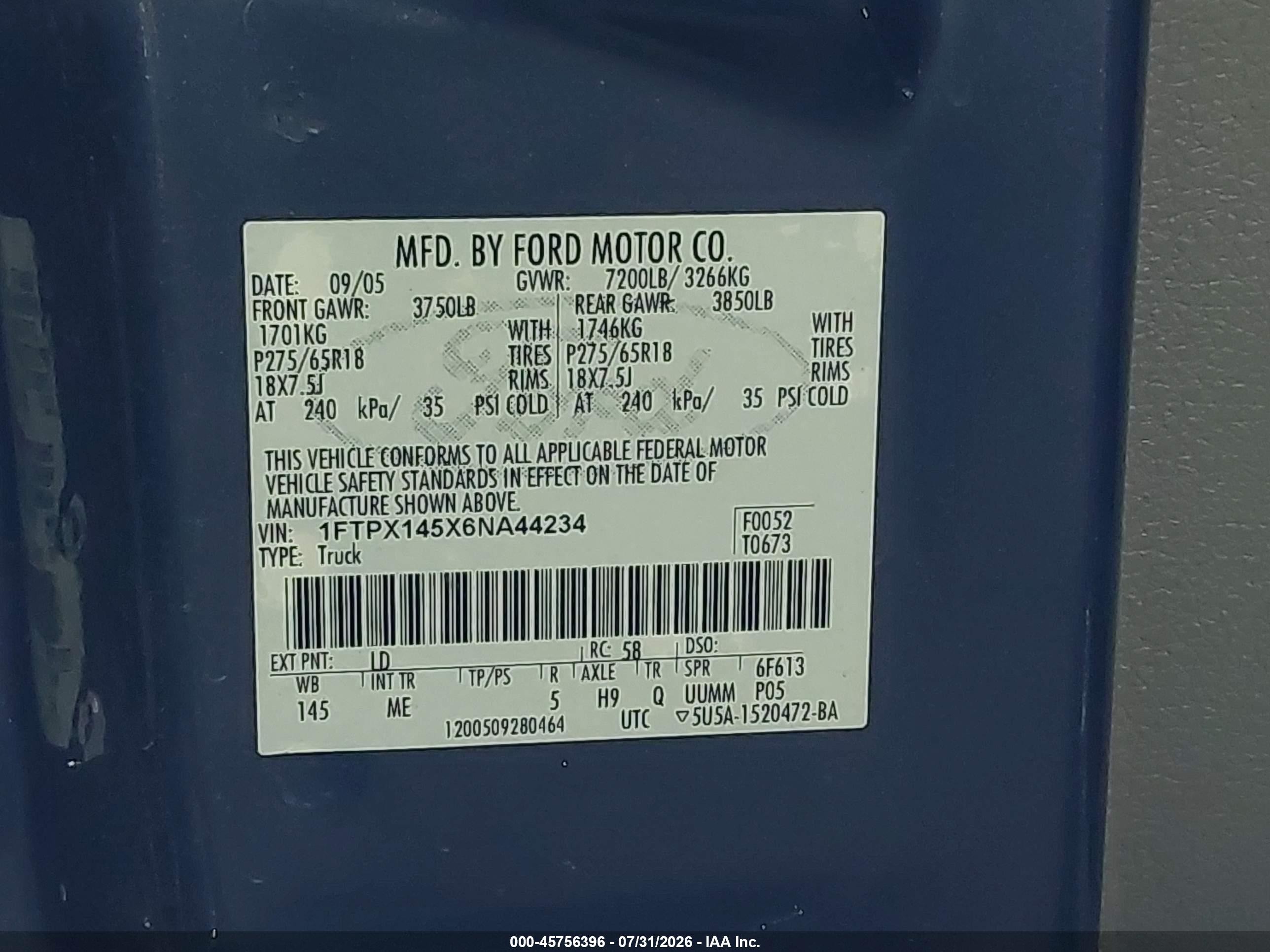2006 Ford F-150 Blue vin: 1FTPX145X6NA44234