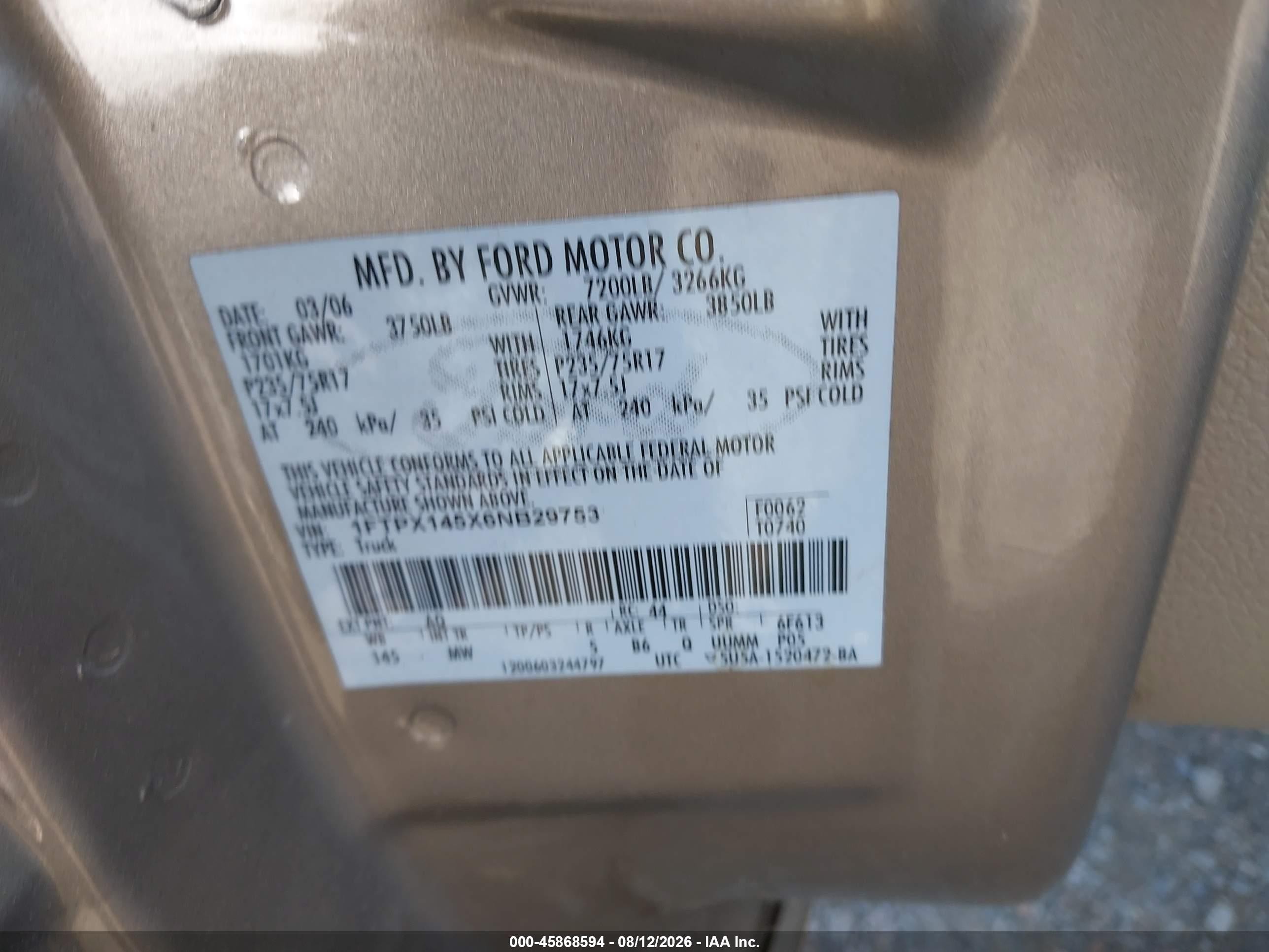2006 Ford F-150 Fx4/lariat/xl/xlt Brown vin: 1FTPX145X6NB29753