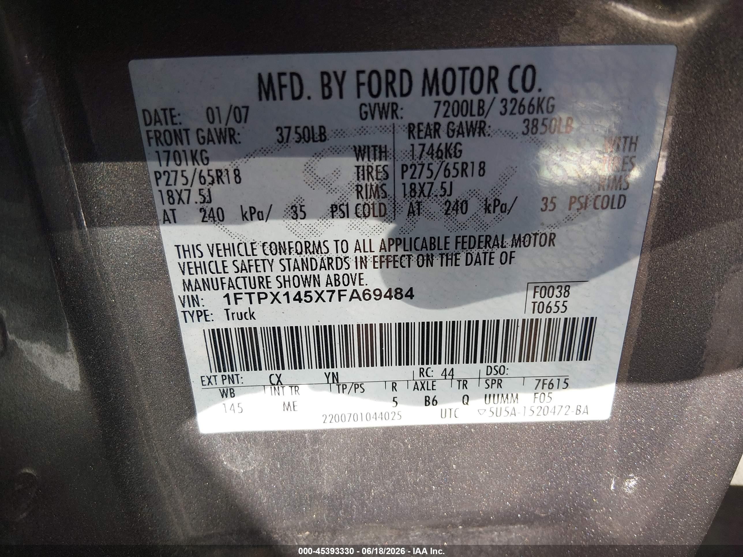 2007 Ford F-150 Fx4/lariat/xl/xlt Gray vin: 1FTPX145X7FA69484