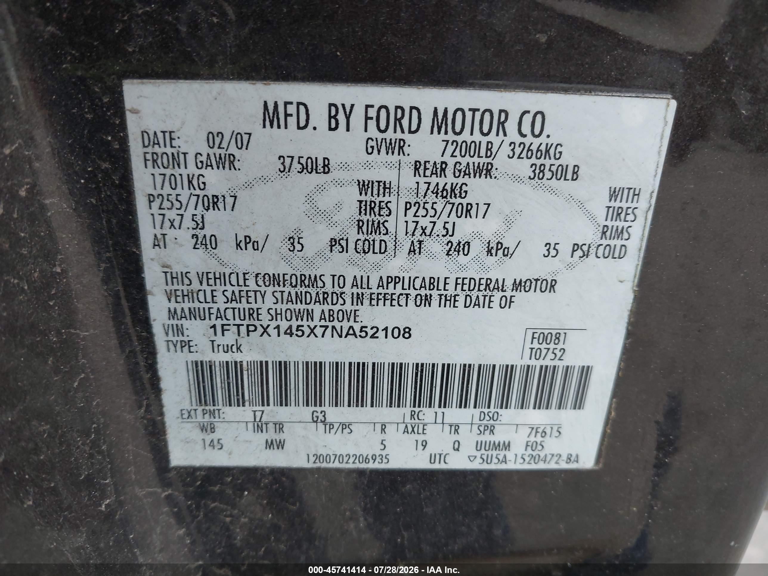 2007 Ford F-150 Fx4/lariat/xl/xlt Серый vin: 1FTPX145X7NA52108