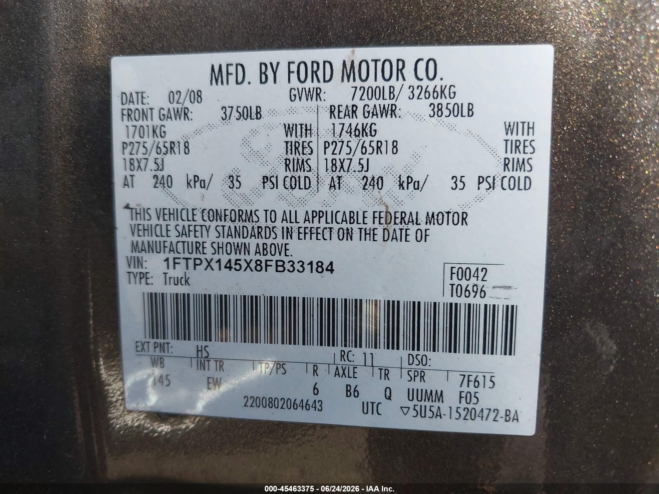 2008 Ford F-150 60th Anniversary/fx4/lariat/xl/xlt Gray vin: 1FTPX145X8FB33184