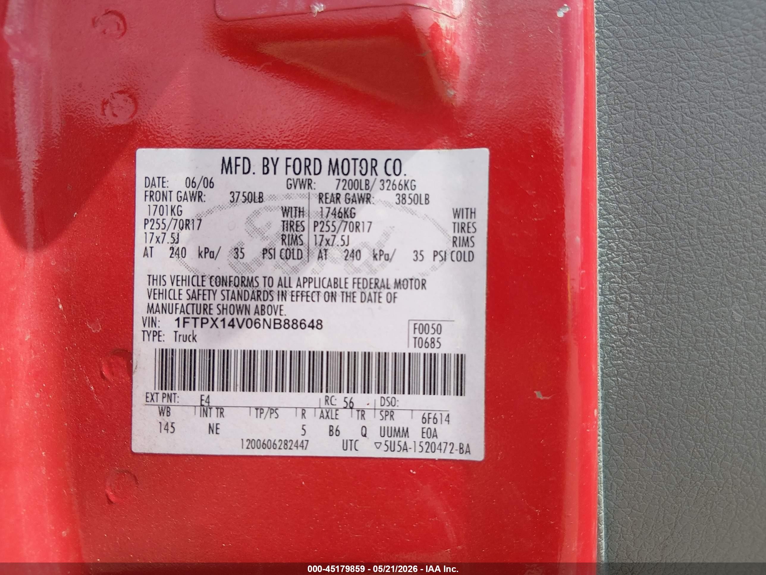 2006 Ford F-150 Fx4/lariat/xl/xlt Red vin: 1FTPX14V06NB88648