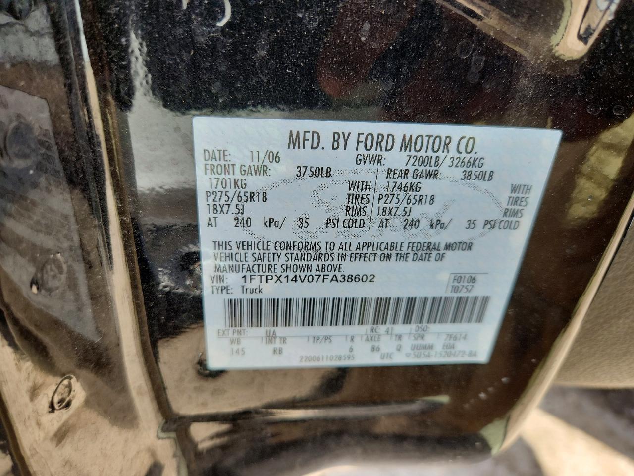 2007 Ford F150 Black vin: 1FTPX14V07FA38602