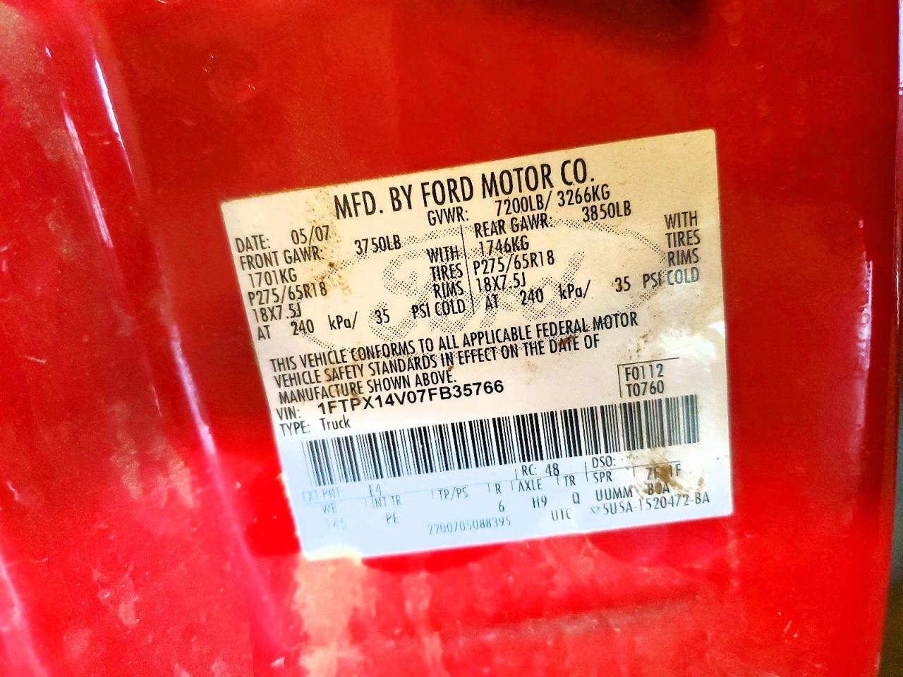 2007 Ford F150 Red vin: 1FTPX14V07FB35766
